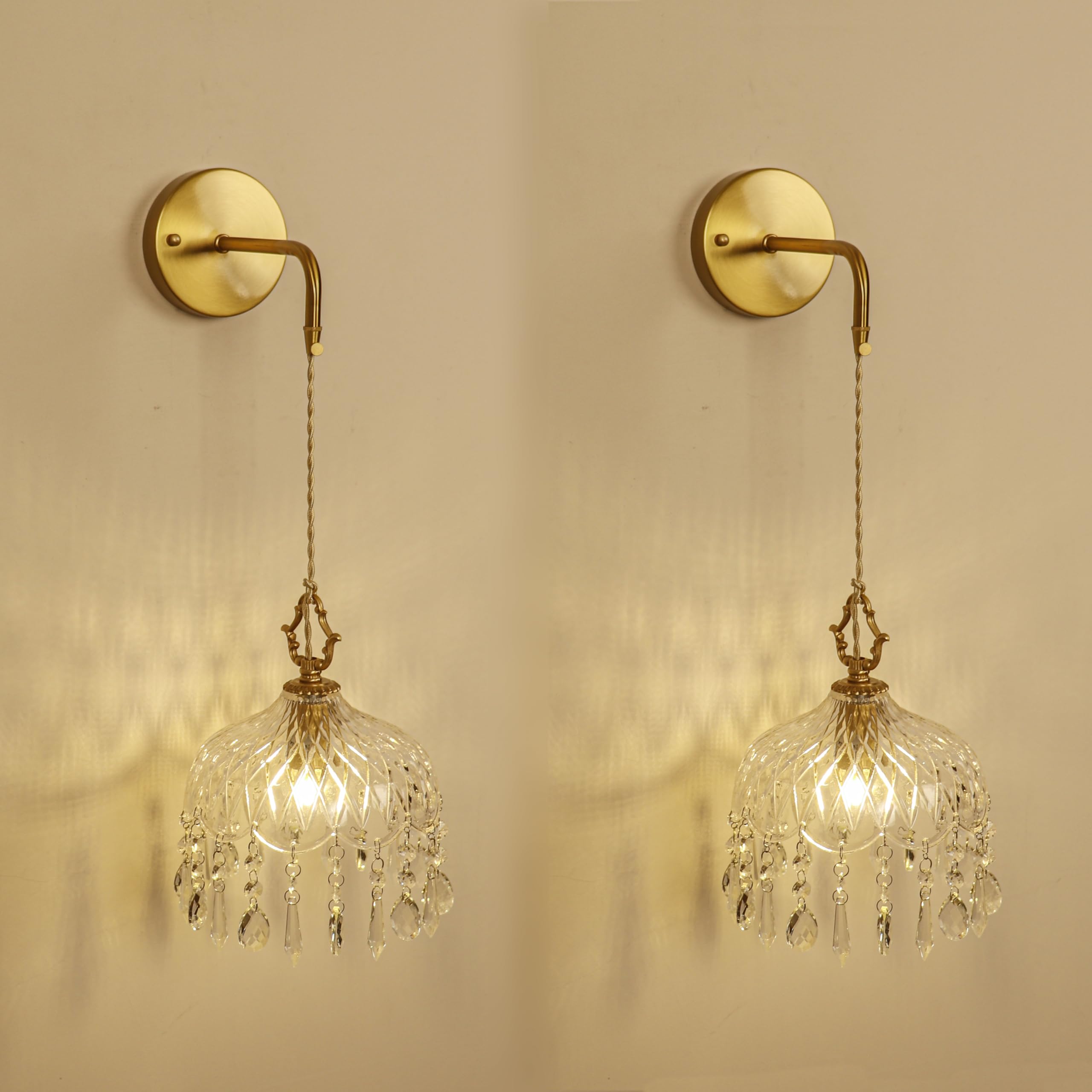 Vintage Crystal Wall Sconce, Brass Finish Pendant Light Fixture with Hanging Crystals, Elegant Diamond Cut Glass Shade (1, S)