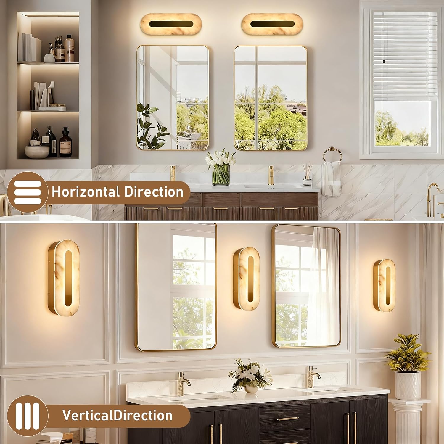 Alabaster Wall Sconces Oval Marble Wall Sconce with Gold Base | Stone Bathroom Vanity Light Fixtures LED Alabaster Lights Hardwired For Living Room Showroom Staircase Bedroom