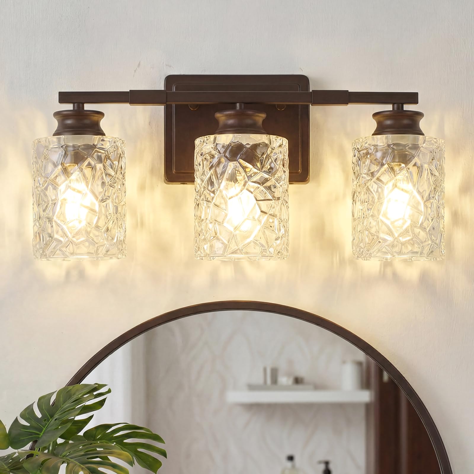 2-Light Brushed Nickel Bathroom Light Fixture | Geometric Crackled Glass Farmhouse Bathroom Lighting for Living Room Bedroom Sink Over Mirror