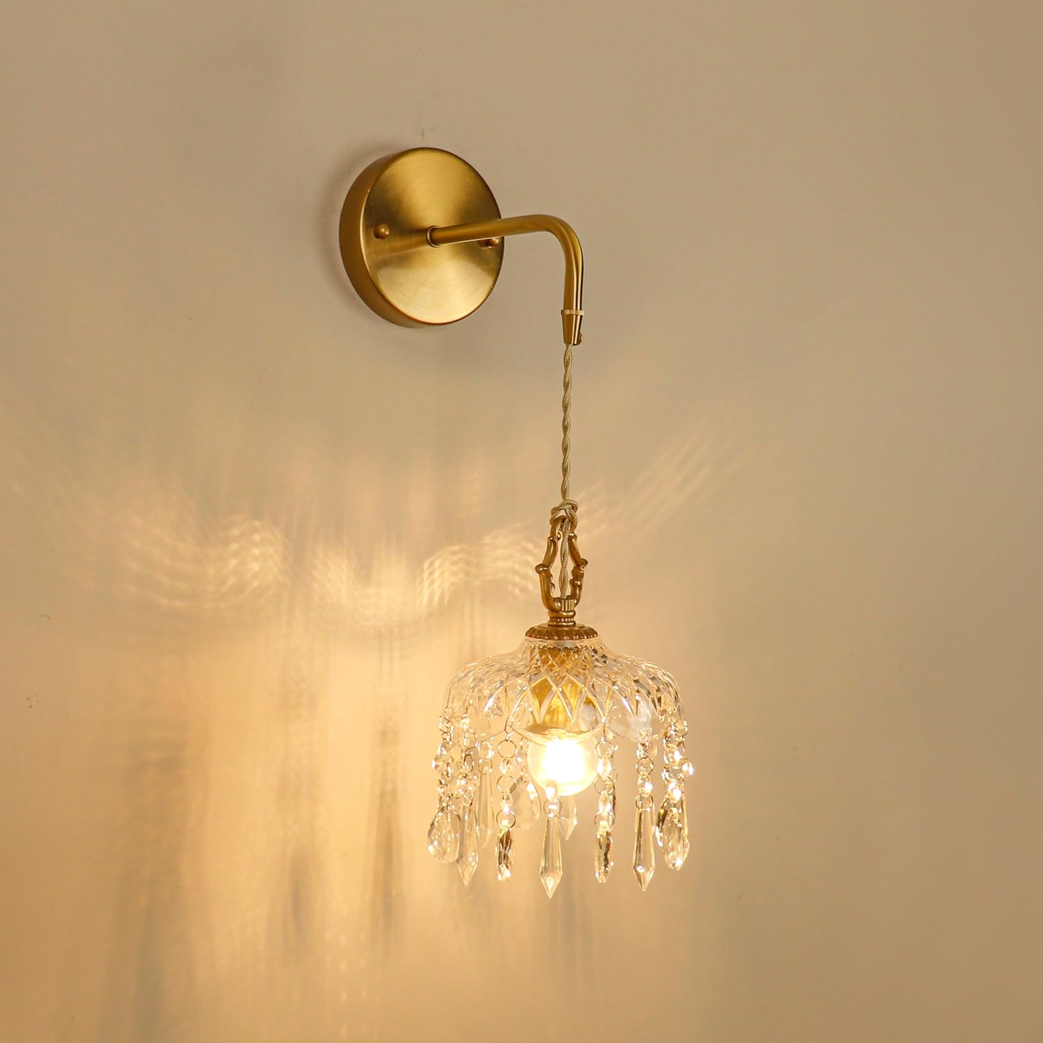 Vintage Crystal Wall Sconce, Brass Finish Pendant Light Fixture with Hanging Crystals, Elegant Diamond Cut Glass Shade (1, S)