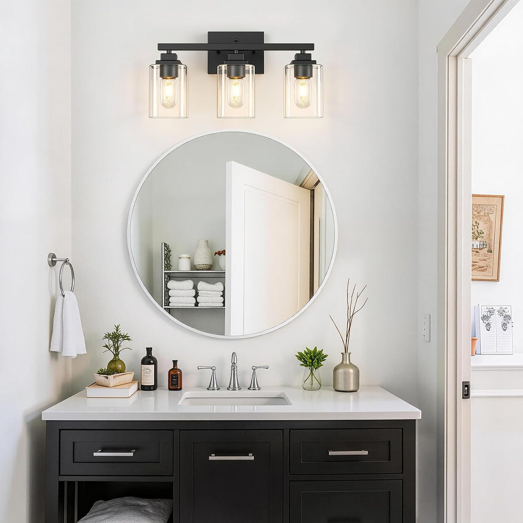 Matte Black Bathroom Vanity Light, 3-Light Modern Vanity Lighting Fixtures Over Mirror with Clear Glass Shade,Square Design,Wall Sconces for Living Room Cabinet Bedroom,E26 Socket