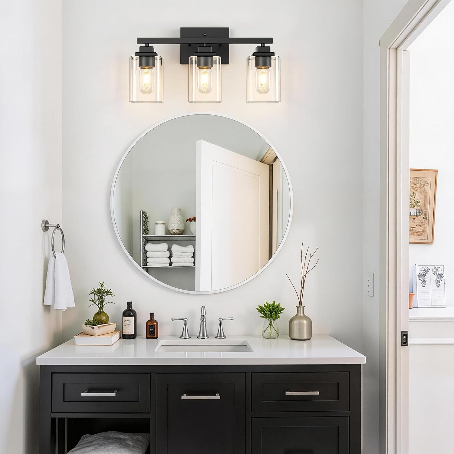 Matte Black Bathroom Vanity Light, 3-Light Modern Vanity Lighting Fixtures Over Mirror with Clear Glass Shade,Square Design,Wall Sconces for Living Room Cabinet Bedroom,E26 Socket