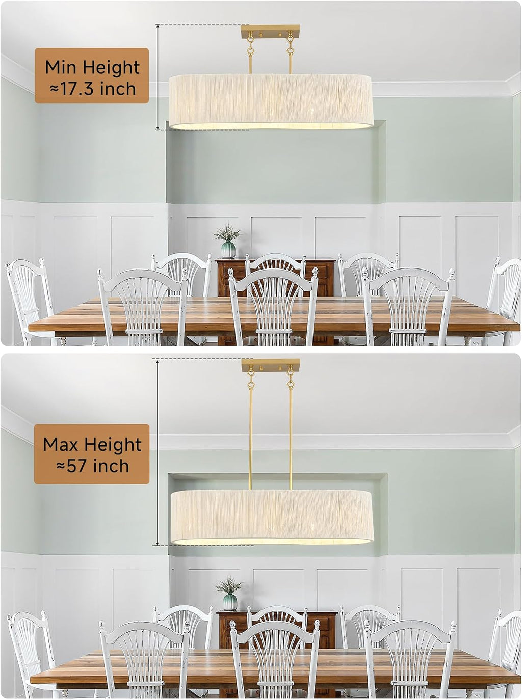 35”Hand Woven Rattan Chandelier, Boho Dining Room Pendant Light Fixture | Coastal Modern Farmhouse Rectangle Chandeliers with Adjustable Downrod for Kitchen Island,Living Room,Restaurant,Bar,White