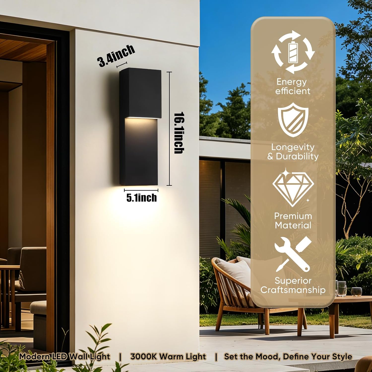 Fire Wolf Modern 16" 18W LED Outdoor Wall Sconce,Dual-Source Front Porch Light,Aluminum Modern Wall Light,3000K,Damp Environments Such as Porches,Terraces,Gardens,Indoor/Outdoor