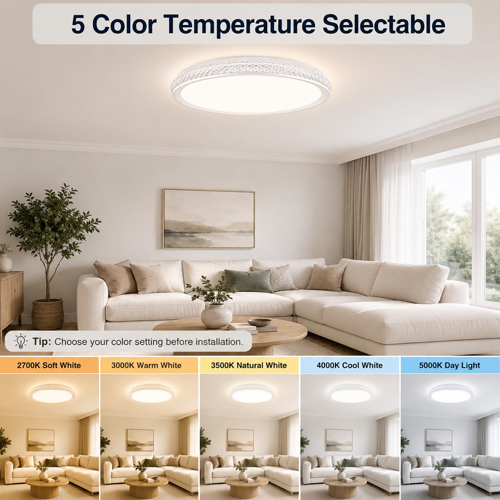 LED Flush Mount Ceiling Light, 38W 3800LM Dimmable, 15 in Low Profile, Gold | 2700K-5000K 5 Color Selectable, CRI 90+, Modern Round Close to Ceiling Light Fixtures for Kitchen Bedroom Bathroom Hallway