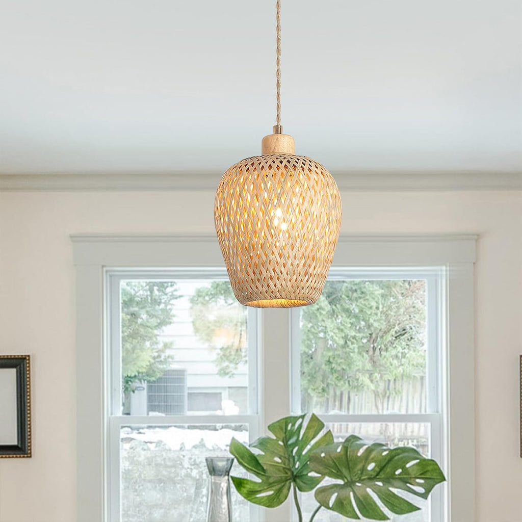 Bamboo Pendant Light Fixture One-Light Adjustable Boho Basket Handmade Woven Small Pendant Lighting for Kitchen Island Sink Bar Hallway Farmhouse