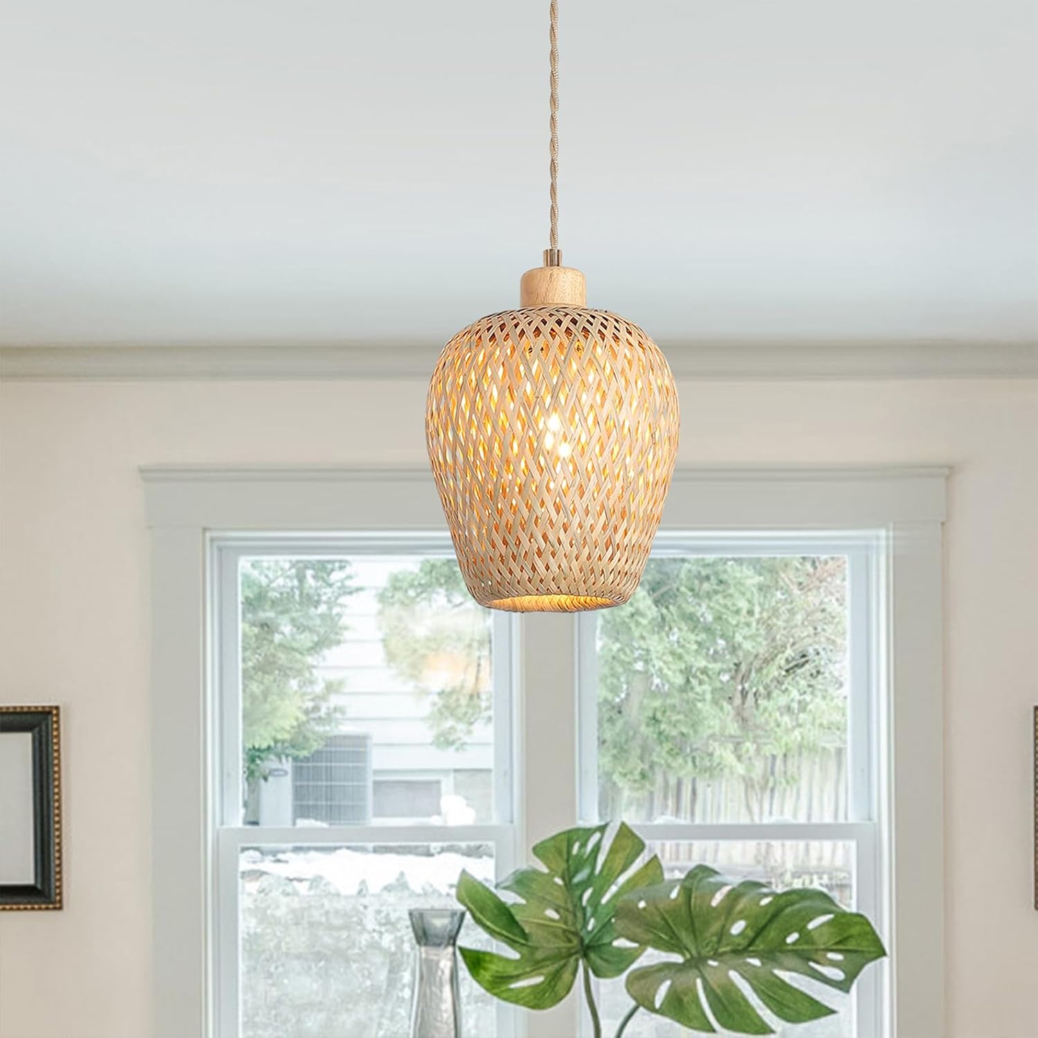 Bamboo Pendant Light Fixture One-Light Adjustable Boho Basket Handmade Woven Small Pendant Lighting for Kitchen Island Sink Bar Hallway Farmhouse