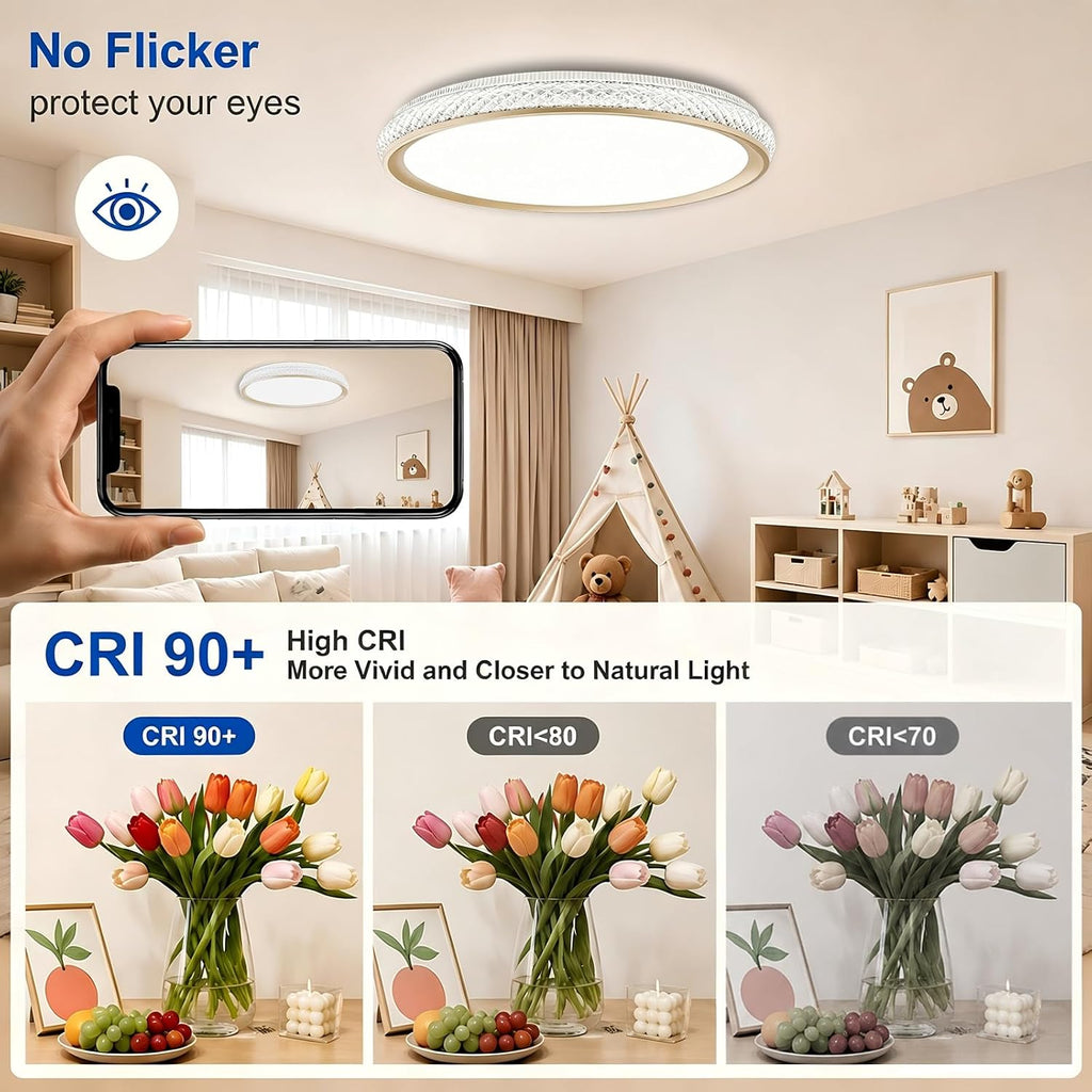 LED Flush Mount Ceiling Light, 38W 3800LM Dimmable, 15 in Low Profile, Gold | 2700K-5000K 5 Color Selectable, CRI 90+, Modern Round Close to Ceiling Light Fixtures for Kitchen Bedroom Bathroom Hallway