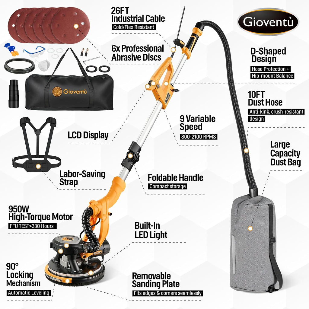 Dustless Electric Drywall Vacuum Sander, 950W 8.5A for Ceiling/Wall | 99.5% Dust Collection, 800-2100RPM, 26' Cord, Extendable Pole, Labor-Saving Strap, LED Light for Popcorn Ceiling, Corner