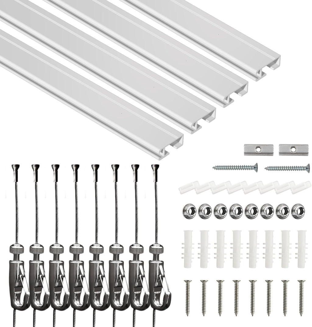 19.69 Ft Picture Hanging System, 4 x 60 Inch Wall Rails | Includes adjustable wires and hooks for frames, photos and wall décor.