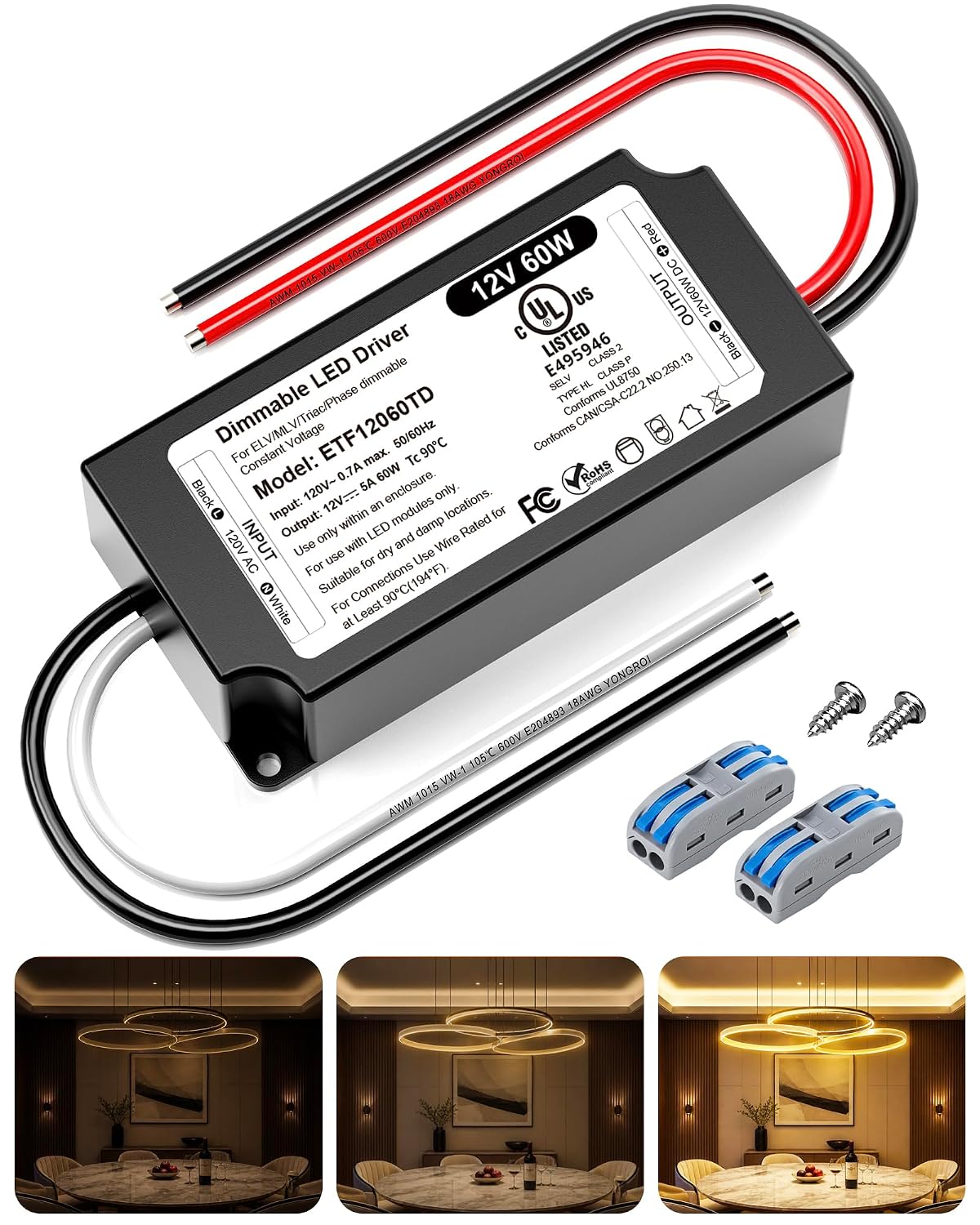 12V Dimmable LED Driver 60W UL&FCC Listed Class 2, Triac ELV/MLV AC 120V to DC 12V LED Transformer Compatible with Lutron & Leviton Switches 60 Watt Power Supply 12 Volt for LED Strip Light