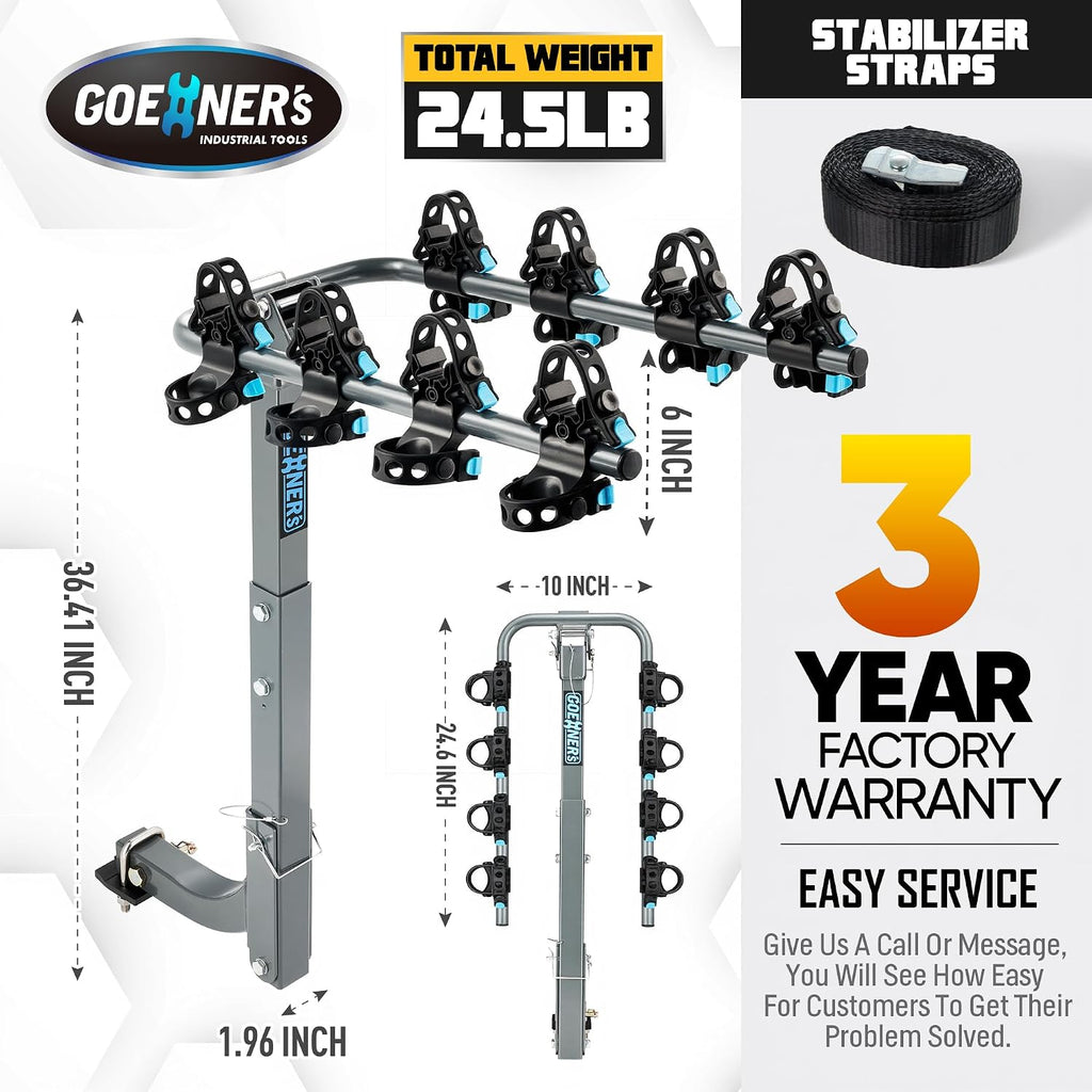 Premium 4-Bike Hitch Rack – 240 lbs Max Load (60 lbs/Bike), Heavy-Gauge Steel, Dual Locking Anti-Wobble, 2" Receiver, Folding Arms, Tilt-Away – for SUV, Truck, RV