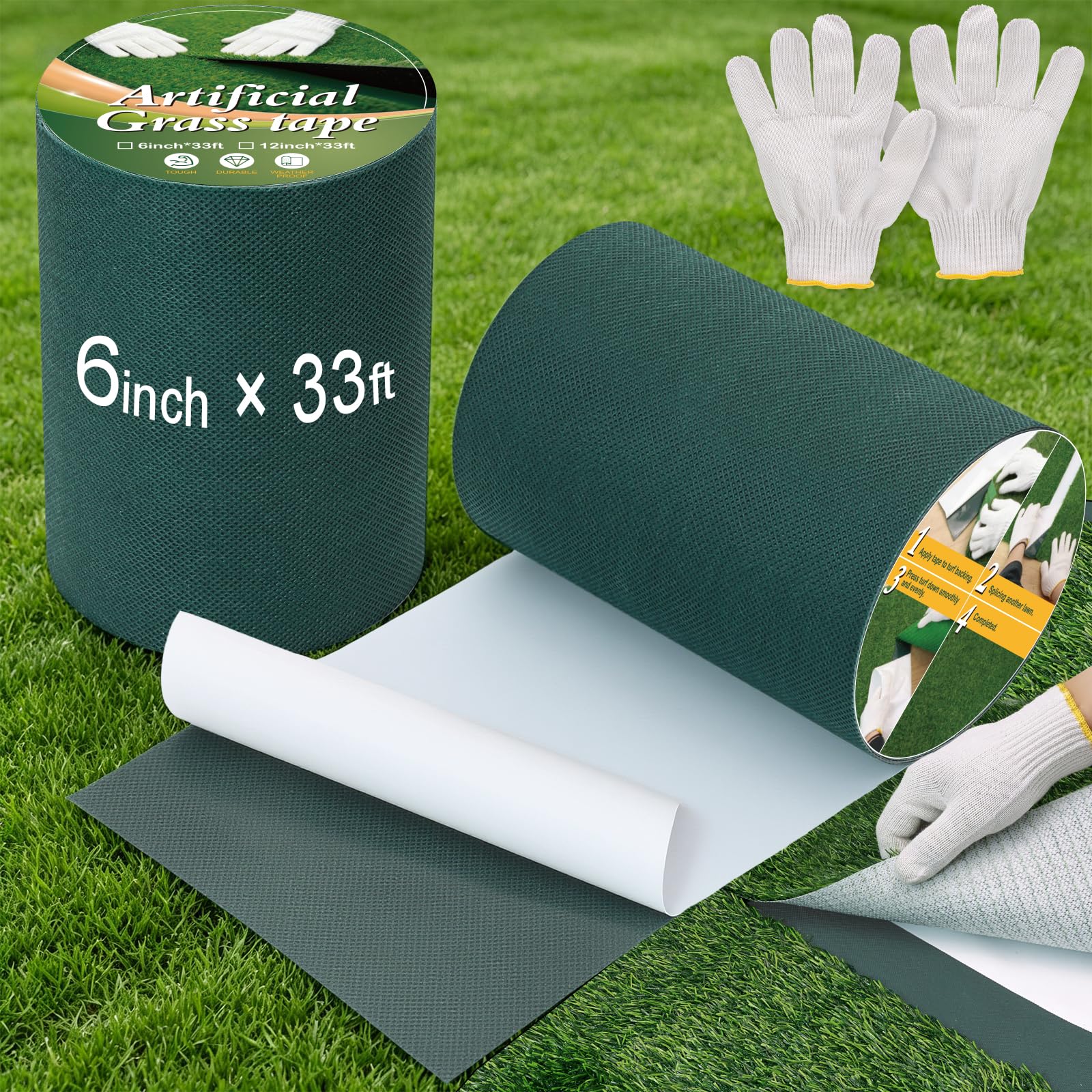 2 Rolls 12 Inch x 33ft (Each) Turf Tape for Artificial Grass Self-Adhesive | Artificial Turf Seam Tape with Gloves, Turf Rug Connecting Tape for Synthetic Lawn, Carpet Jointing, Outdoor Football Mat