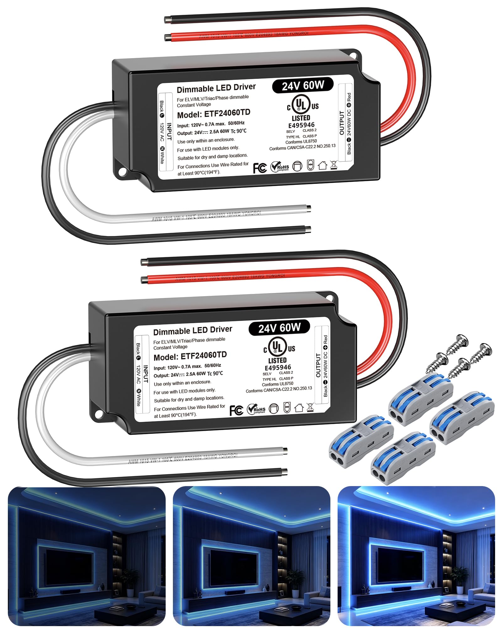 12V Dimmable LED Driver 60W UL&FCC Listed Class 2, Triac ELV/MLV AC 120V to DC 12V LED Transformer Compatible with Lutron & Leviton Switches 60 Watt Power Supply 12 Volt for LED Strip Light