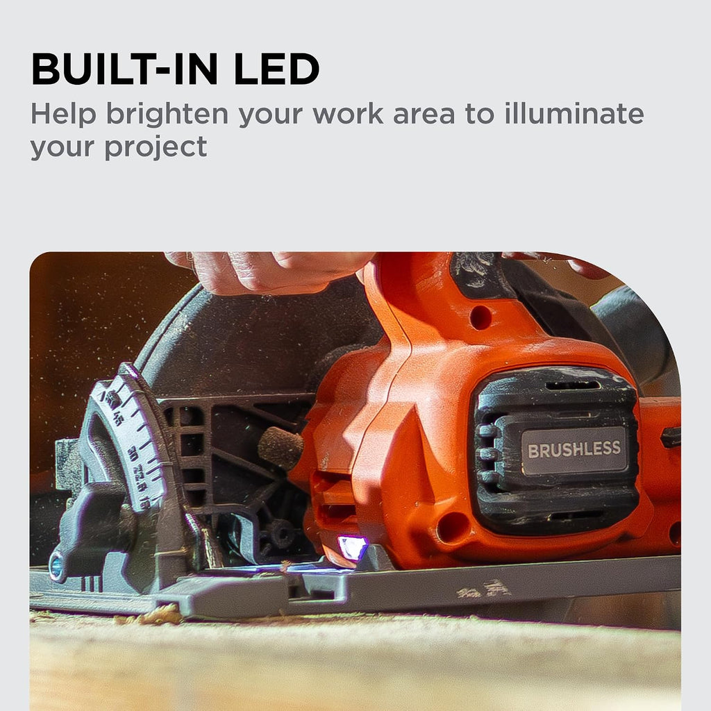 BLACK+DECKER Circular Saw 20V MAX, 6-1/2 in. Brushless Circular Saw Cordless Kit with 2.5Ah Battery and Charger, 24T Blade for Wood, Up to 165 Cuts Per Charge, LED Light, PowerConnect (BLCS78E1)