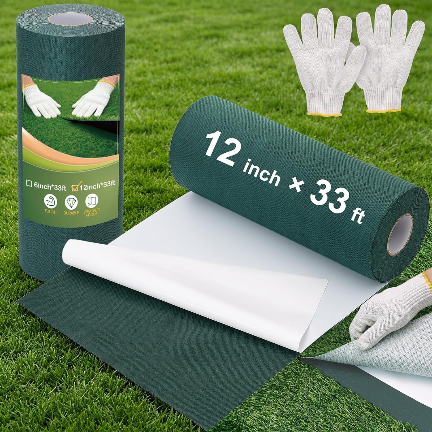 2 Rolls 12 Inch x 33ft (Each) Turf Tape for Artificial Grass Self-Adhesive | Artificial Turf Seam Tape with Gloves, Turf Rug Connecting Tape for Synthetic Lawn, Carpet Jointing, Outdoor Football Mat
