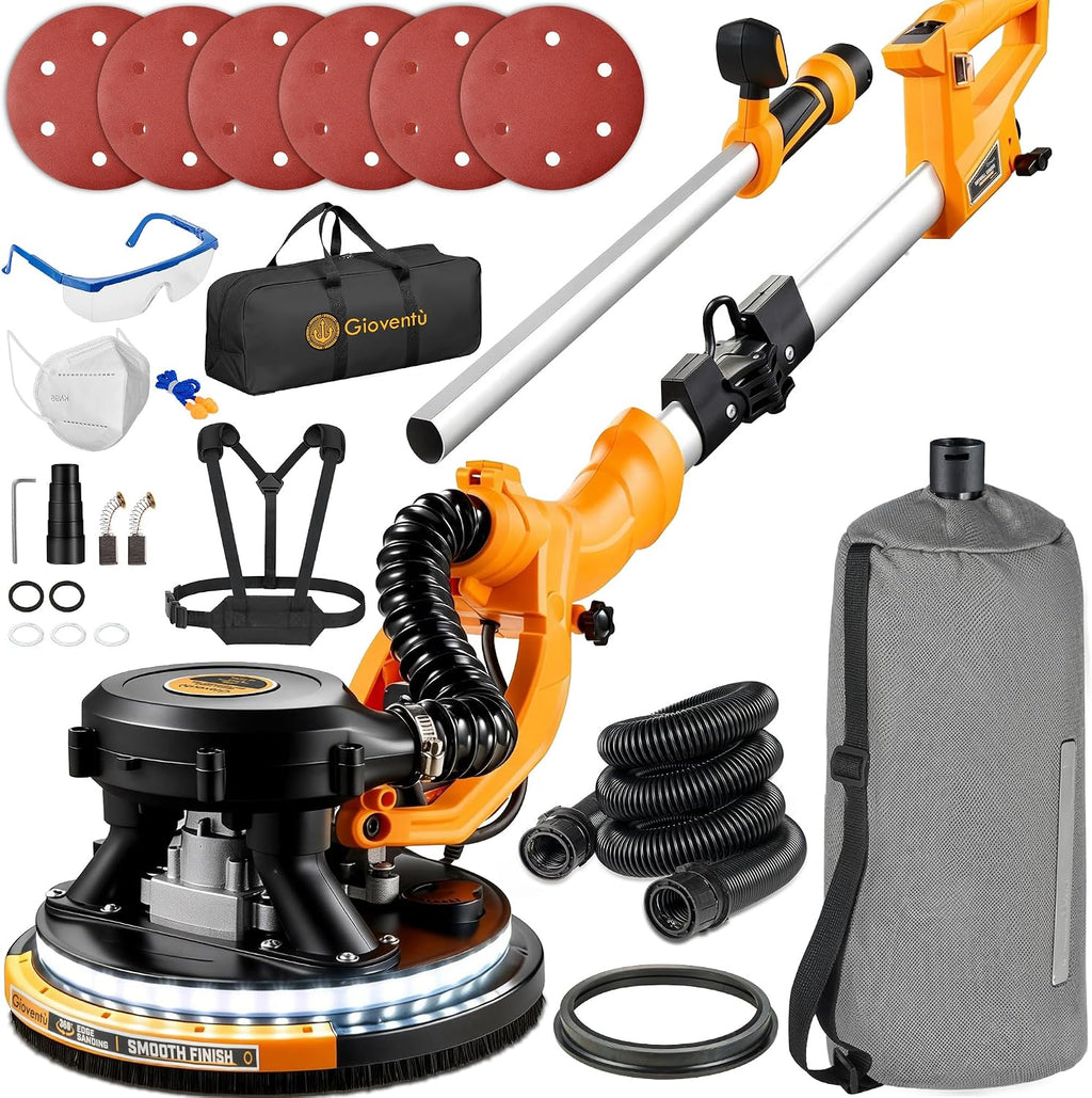 Dustless Electric Drywall Vacuum Sander, 950W 8.5A for Ceiling/Wall | 99.5% Dust Collection, 800-2100RPM, 26' Cord, Extendable Pole, Labor-Saving Strap, LED Light for Popcorn Ceiling, Corner