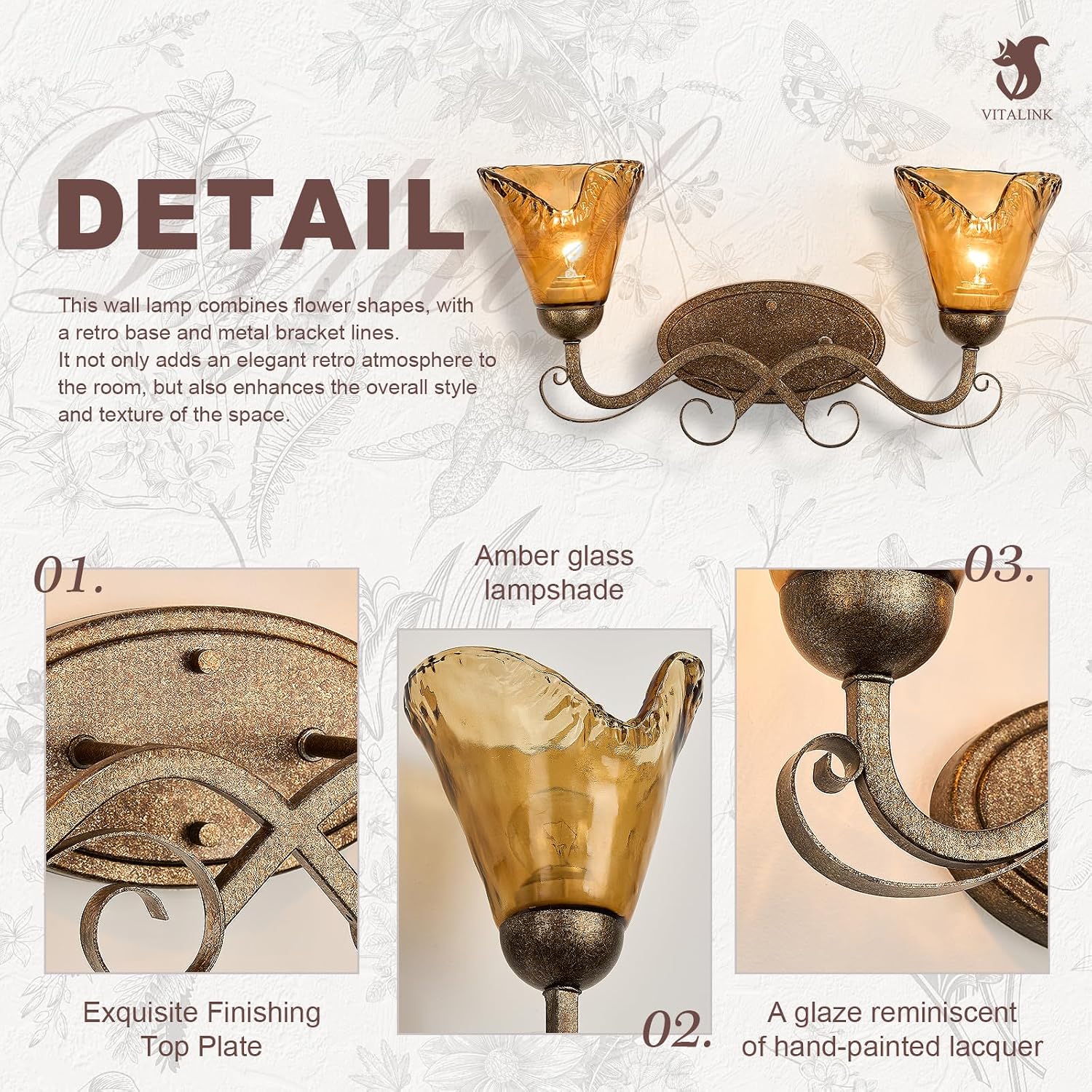 VitaLink Antique Wall Sconces, 2-Light Vanity Light 19.7" Vintage Wall Lamp Hardwired Wall Lighting Fixtures for Bathroom Living Room Bedroom Hallway