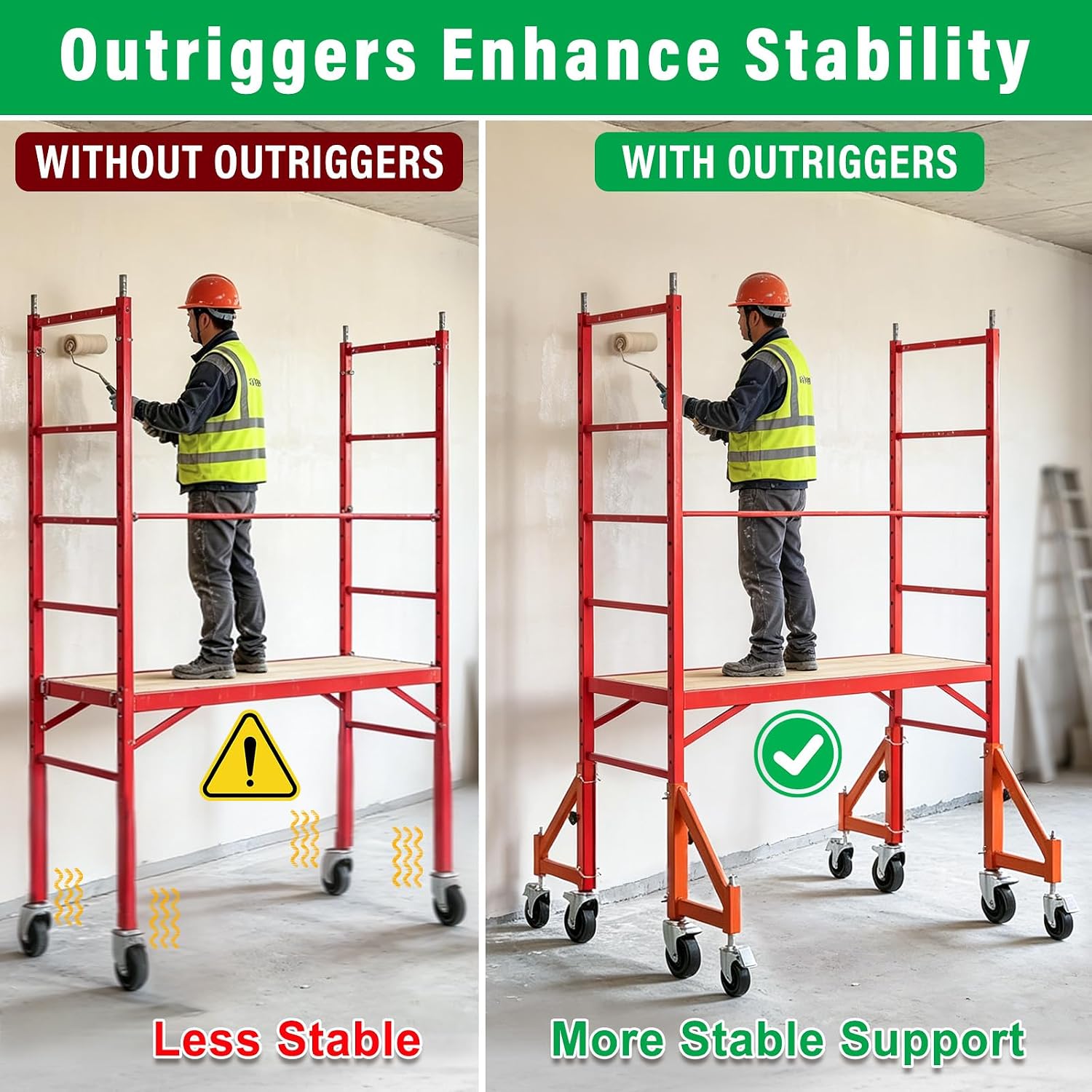 4-Pack Adjustable Scaffold Outriggers for Baker Scaffolding | Heavy Duty Scaffold Outriggers, Adjustable Height 5.7"–7.2", 4" Swivel Casters, 1000 lbs Capacity for Construction Work