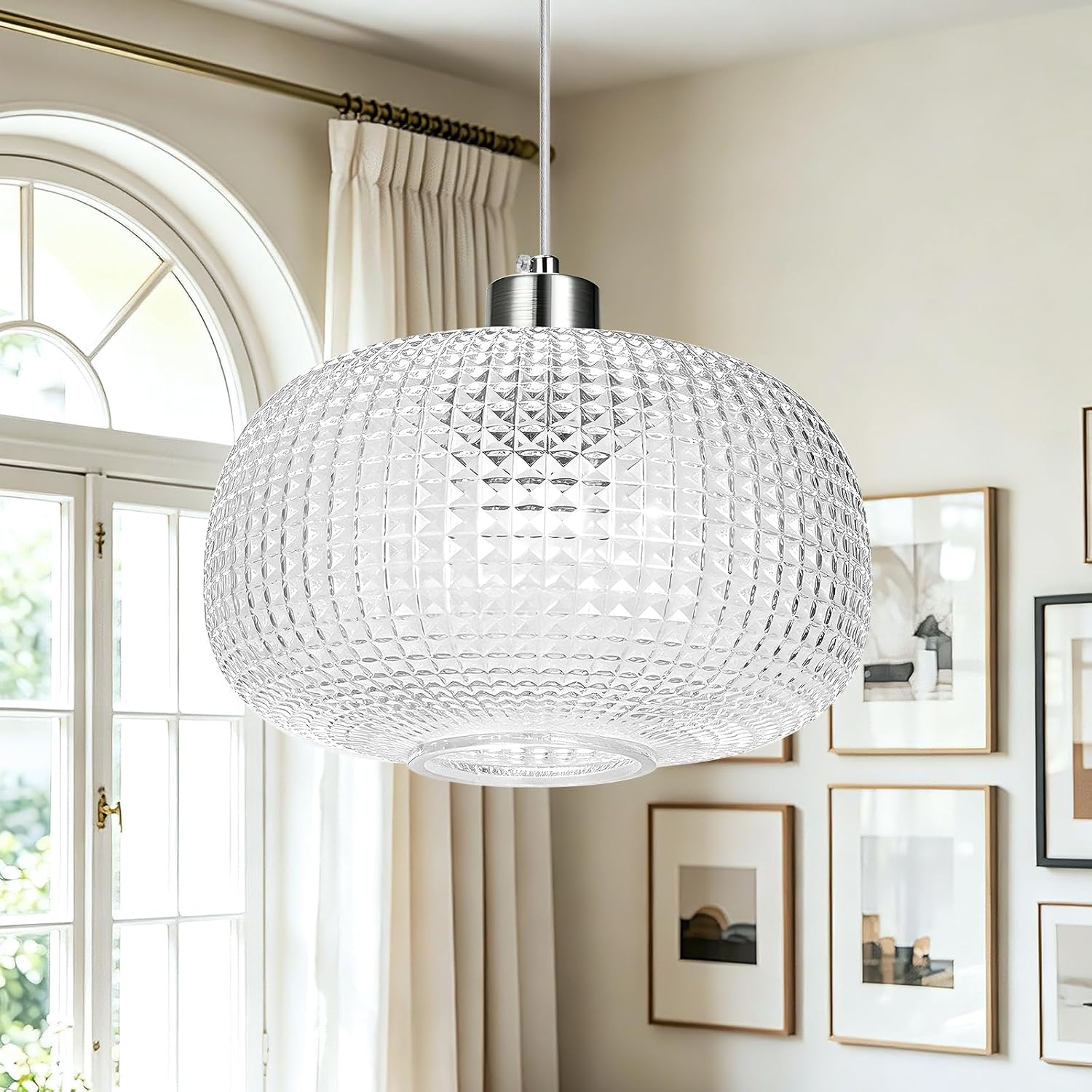 Glass Pendant Lights Kitchen Island 10" Glass Pendant Light 1 Pack | Clear Hammered Glass Shade,Brushed Nickel Metal, Adjustable Height,Island Light for Dining Room Bedroom Entryway