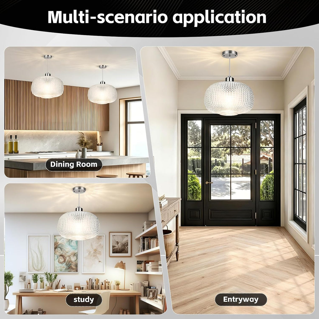 Glass Pendant Lights Kitchen Island 10" Glass Pendant Light 1 Pack | Clear Hammered Glass Shade,Brushed Nickel Metal, Adjustable Height,Island Light for Dining Room Bedroom Entryway