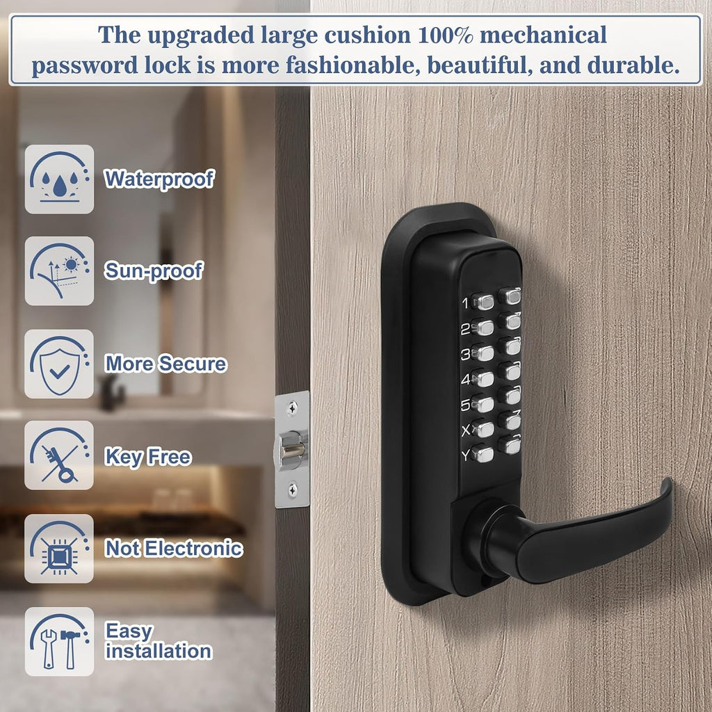 New Upgrade Double Sided Keyless Door Lock with Handle,Stainless Steel Waterproof Double Sided Keyless Door Lock (Black,with Large Cushion)