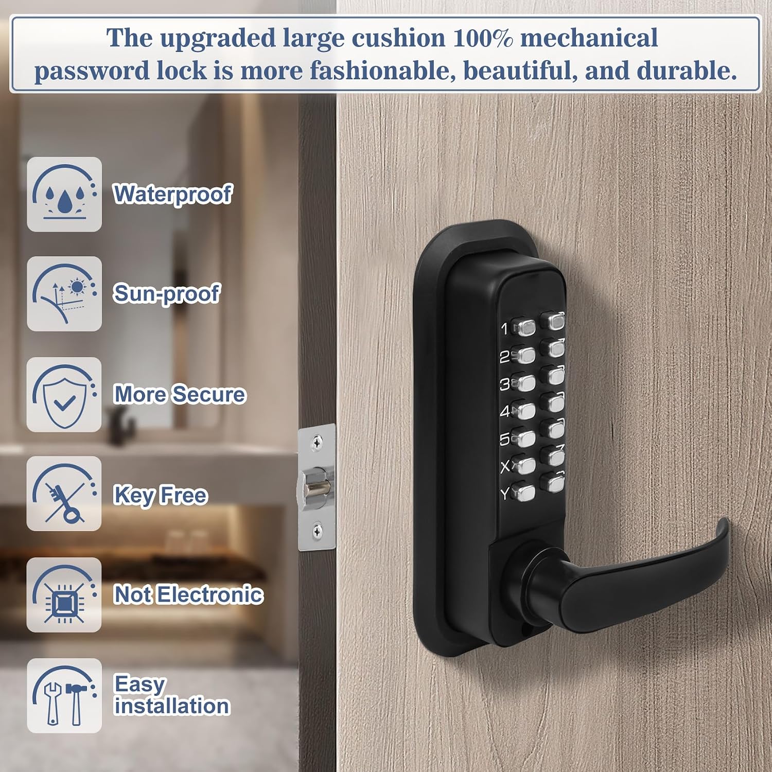New Upgrade Double Sided Keyless Door Lock with Handle,Stainless Steel Waterproof Double Sided Keyless Door Lock (Black,with Large Cushion)
