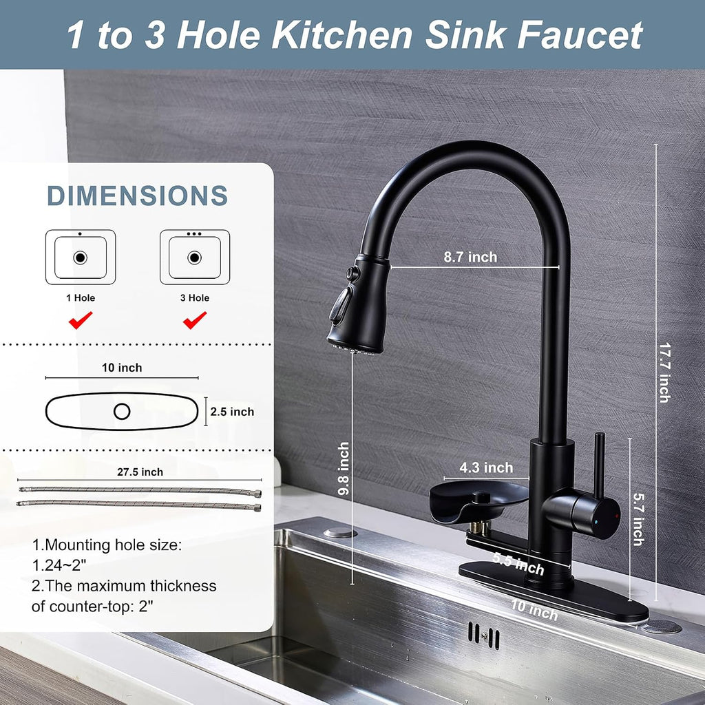 Matte Black Kitchen Faucet with Glass Rinser, Pull Down Sprayer with 3 Water Modes, Single Handle Stainless Steel Kitchen Sink Faucet with Deck Plate, Modern High Arc Design