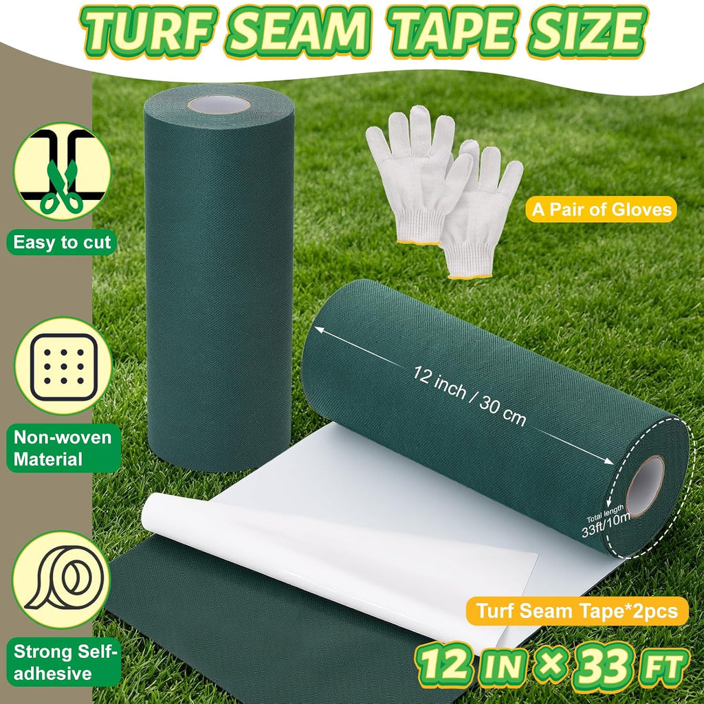 2 Rolls 12 Inch x 33ft (Each) Turf Tape for Artificial Grass Self-Adhesive | Artificial Turf Seam Tape with Gloves, Turf Rug Connecting Tape for Synthetic Lawn, Carpet Jointing, Outdoor Football Mat