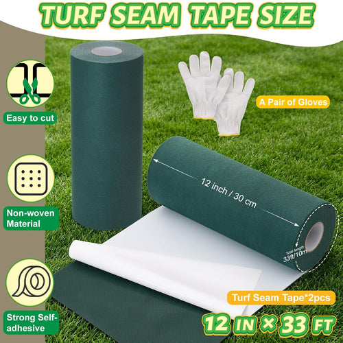 2 Rolls 12 Inch x 33ft (Each) Turf Tape for Artificial Grass Self-Adhesive | Artificial Turf Seam Tape with Gloves, Turf Rug Connecting Tape for Synthetic Lawn, Carpet Jointing, Outdoor Football Mat