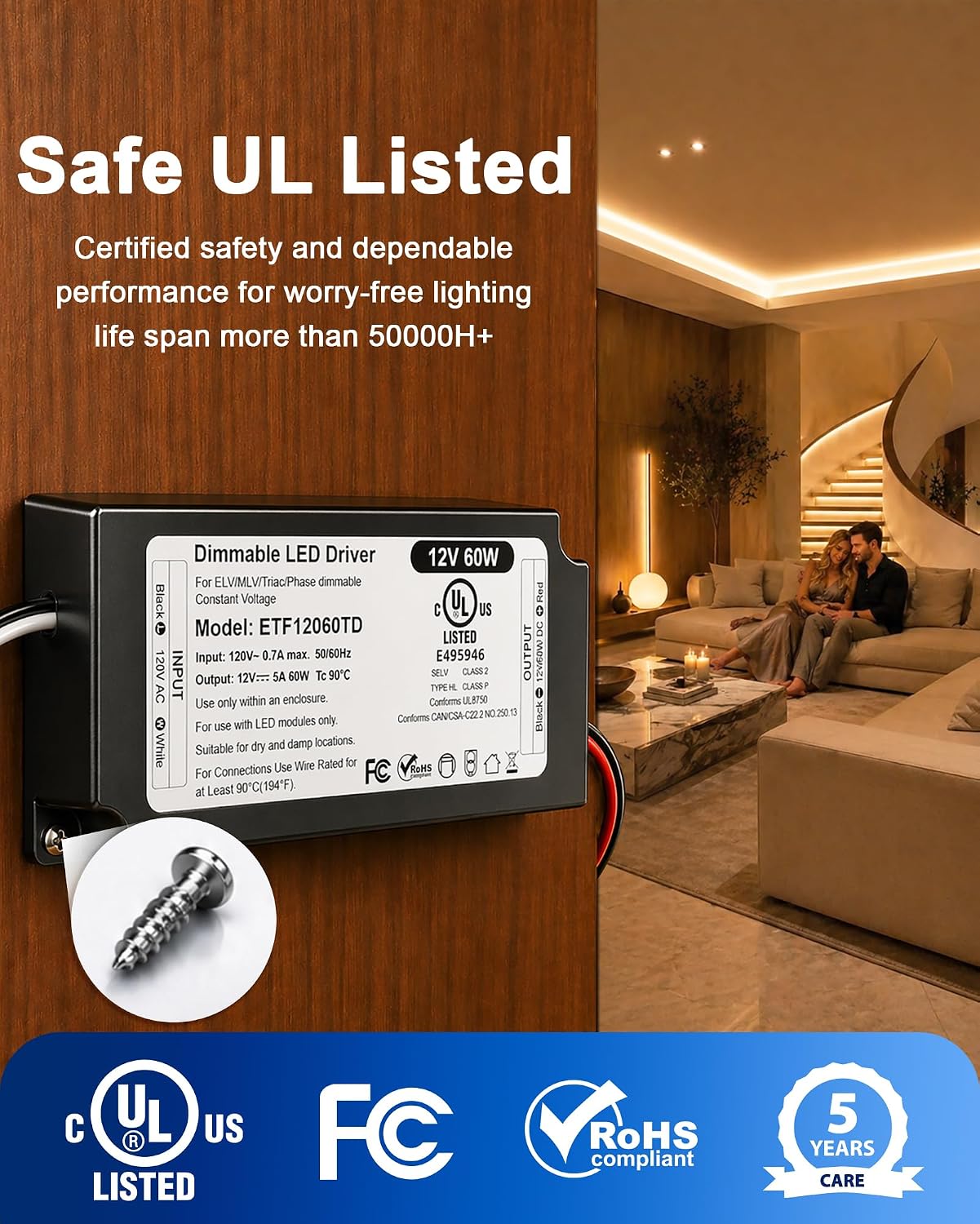 12V Dimmable LED Driver 60W UL&FCC Listed Class 2, Triac ELV/MLV AC 120V to DC 12V LED Transformer Compatible with Lutron & Leviton Switches 60 Watt Power Supply 12 Volt for LED Strip Light