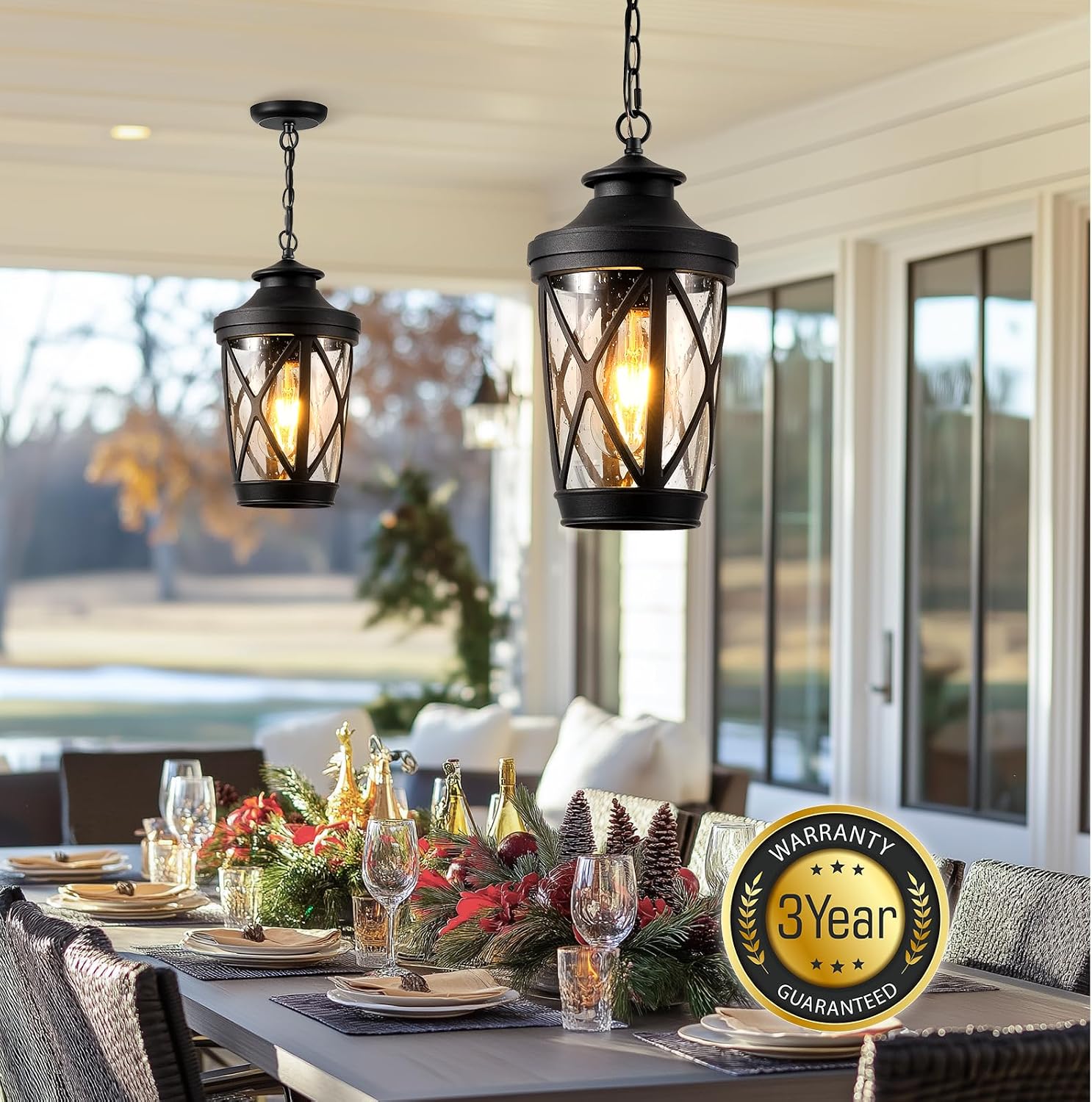 VIANIS Outdoor Hanging Lights, Black Outside Pendant Light with Adjustable Chain, Anti-rust Front Porch Ceiling Light, Waterproof Hanging Light Fixtures, Outdoor Chandelier for Gazebo, Patio, Entryway