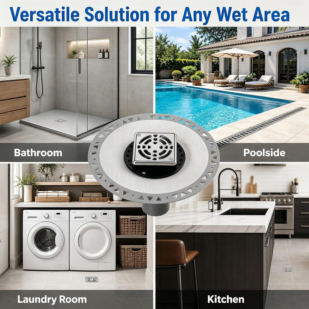 Shower Drain Kit Compatible with Schluter Kerdi System, PVC Bonding Flange with Waterproofing, 4" Stainless Steel Square Grate, 2" Outlet for Tiled Shower Bathroom Renovation