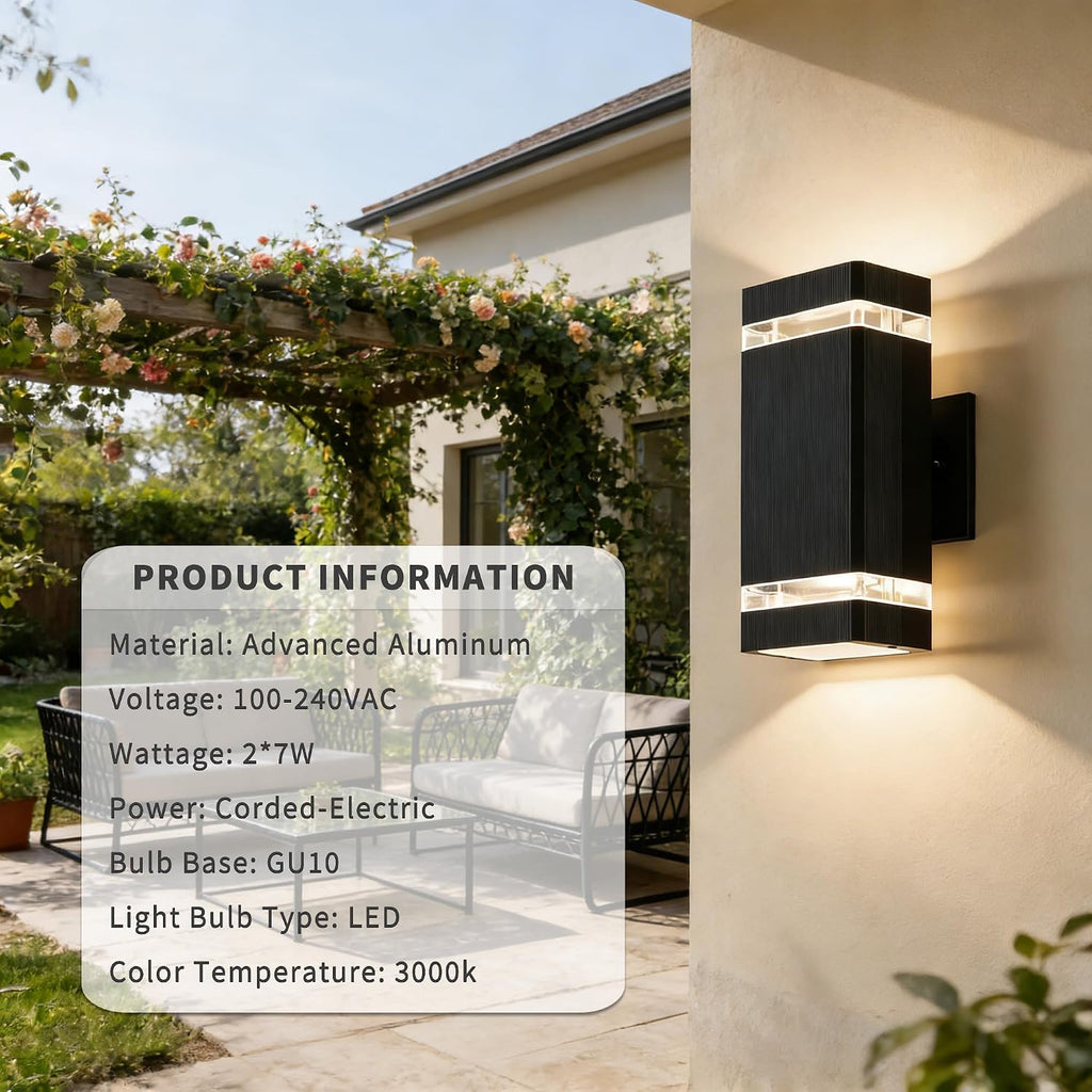JYV Square Outdoor Wall Lights, Up and Down LED Porch Lights, Black | Aluminum Exterior Lighting Fixtures with 2 * 7W Bulbs 3000K, Waterproof Outdoor Sconces Wall Lighting, for House Porch Garage