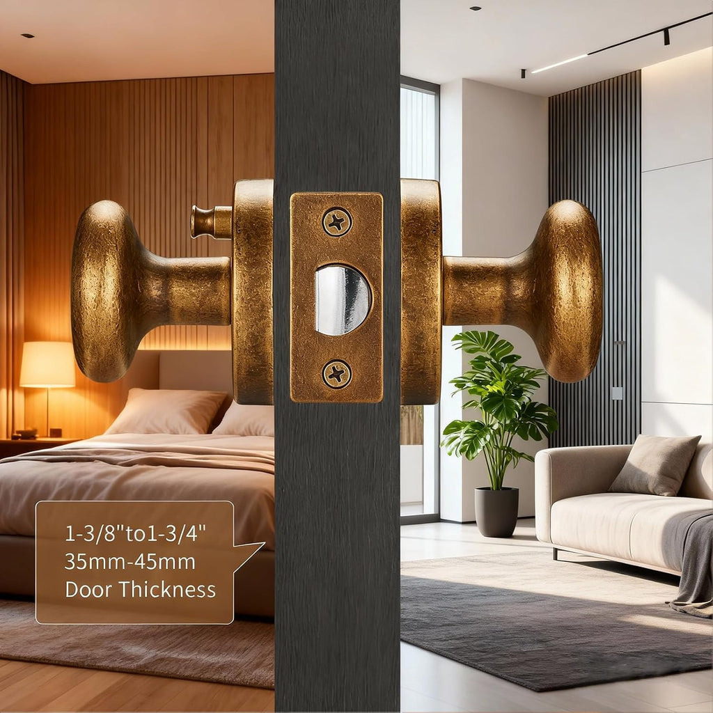 Antique Brass Door Knob with Push-Button Lock - Durable & Elegant Privacy Door Handle for Interior Doors, Classic Round Design for Bedroom Bathroom Doors (Privacy)