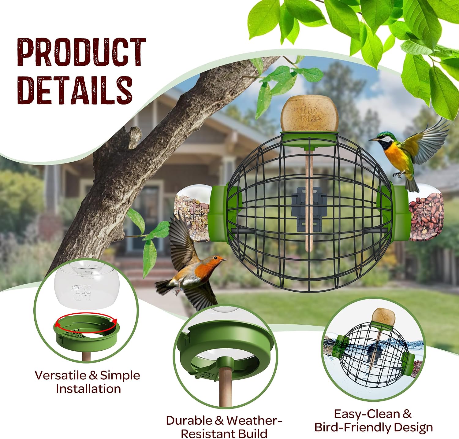 LONA Squirrel Proof Bird Feeding Cage for Outdoor All-Weather Metal Caged Bird Feeder with Peanut Butter Jar Holder, Trapeze Stick, Chew-Proof Feeding Cage for Small Birds (Round Cage, 3 Feeding Units