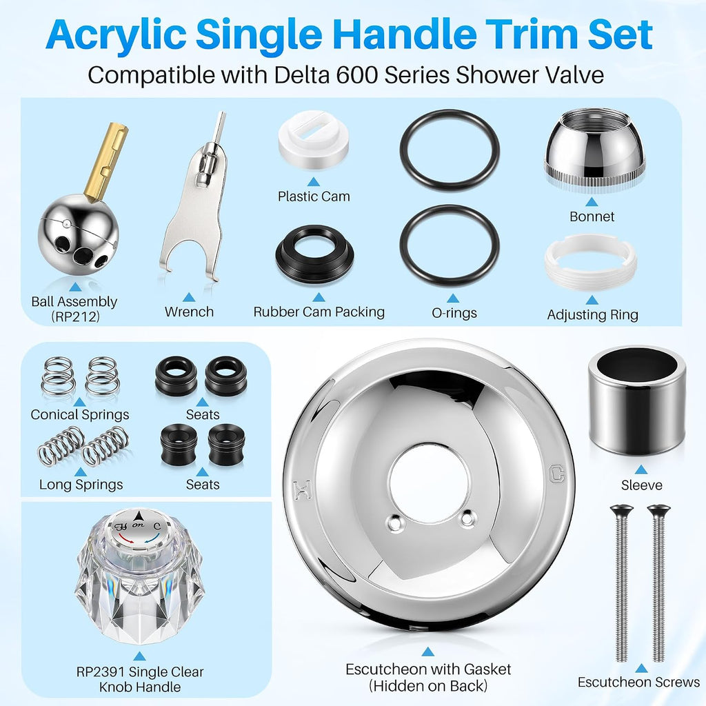 Trim Repair Kit Compatible with Delta RP54870 (Chrome) | Single Function Tub Shower Handle Renovation Trim Kit Compatible with Delta 600 Series Shower Valve, Acrylic Handle