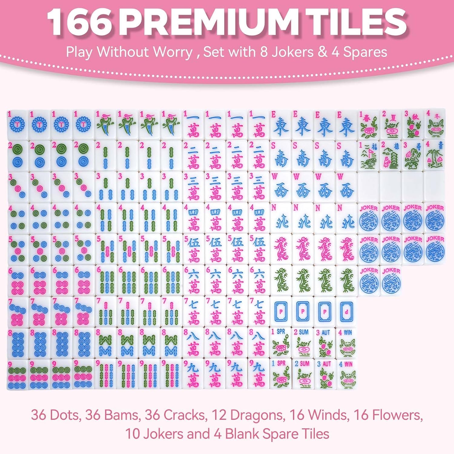 Mahjong Tile Set with 166 Premium Mahjong Tiles, Complete Set with Carrying Bag for Family Game Nights and Friendly Competition