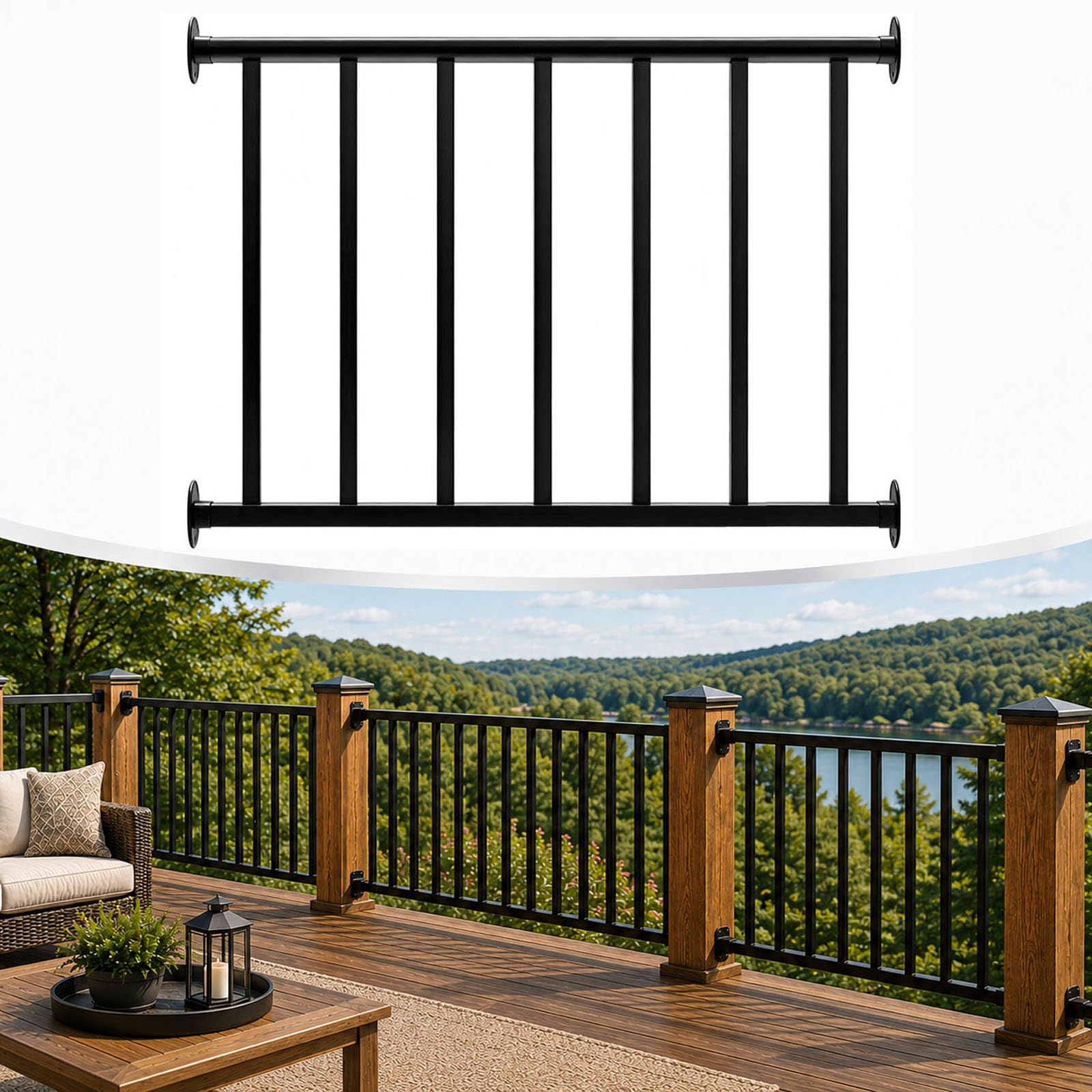 Porch and Deck Railing, Black Textured Powder Coating Rail System for Outdoor Decks, Porches and Balconies, Terraces, Gardens (Black, 2FT, Level 1Panel + 1Post)