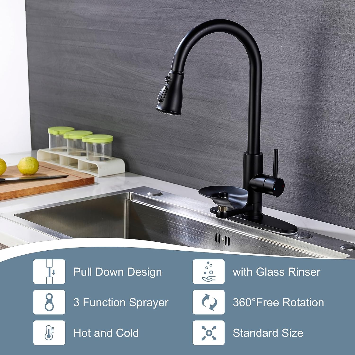 Matte Black Kitchen Faucet with Glass Rinser, Pull Down Sprayer with 3 Water Modes, Single Handle Stainless Steel Kitchen Sink Faucet with Deck Plate, Modern High Arc Design