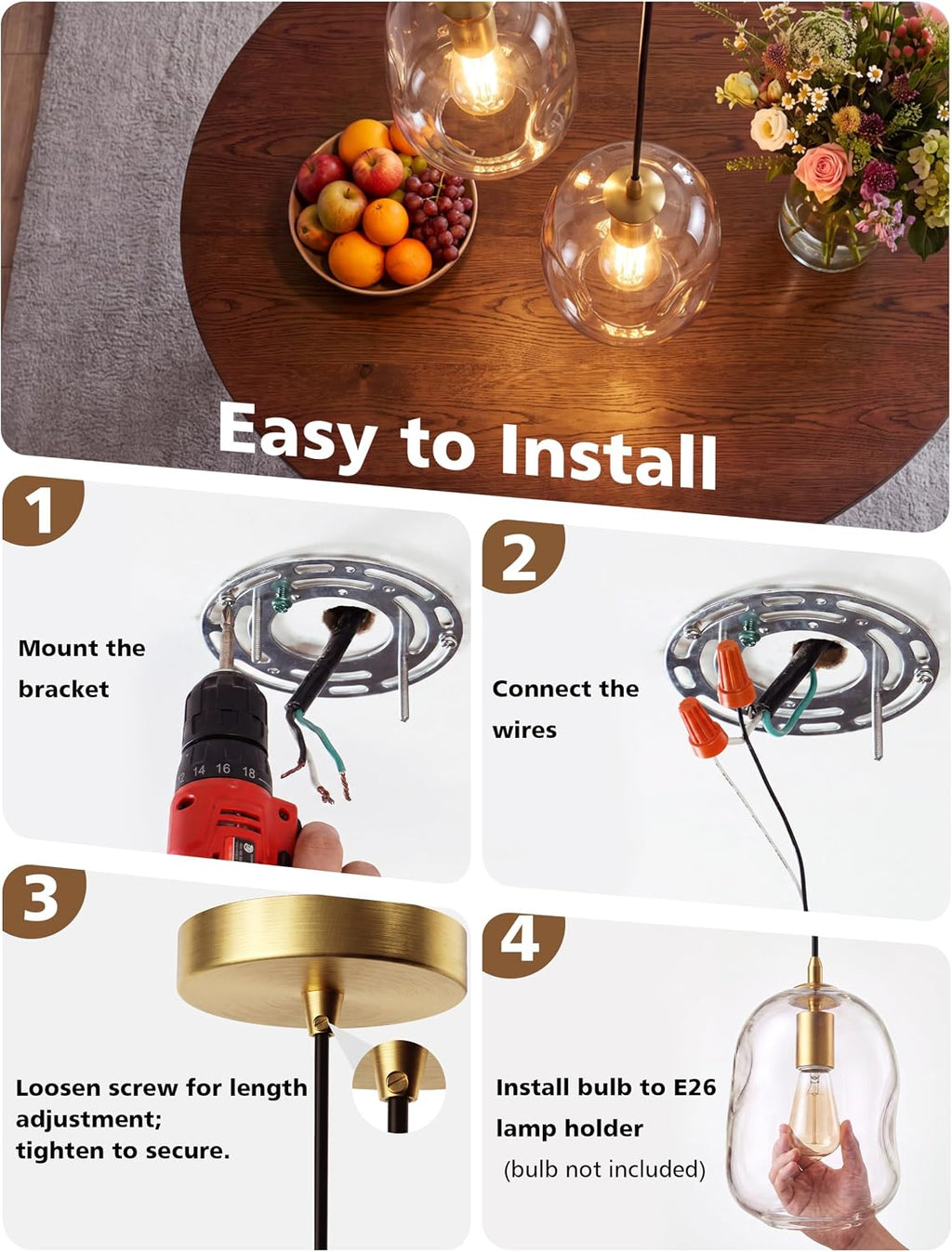 NIORSUN 1 Pack Pendant Lights Kitchen Island, Gold Pendant Light Fixtures with Clear Thick Glass Shade, Modern Hanging Ceiling Lights for Kitchen, Bathroom, Bedroom and Dining Room