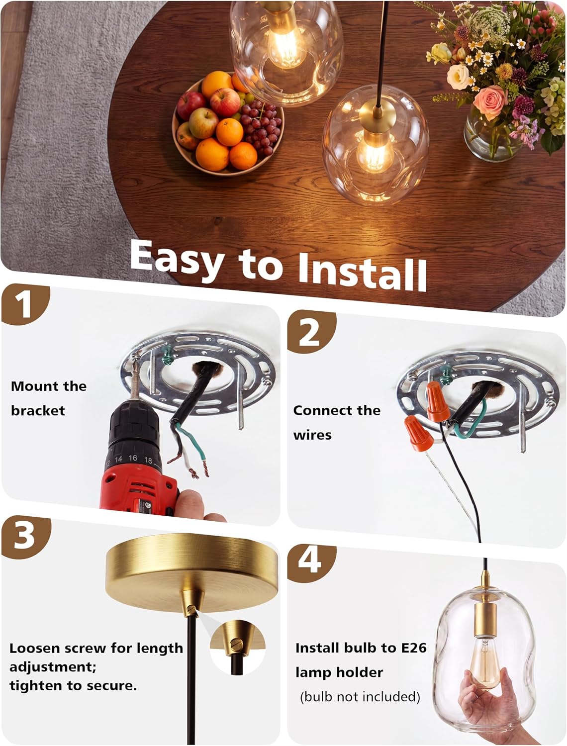 NIORSUN 1 Pack Pendant Lights Kitchen Island, Gold Pendant Light Fixtures with Clear Thick Glass Shade, Modern Hanging Ceiling Lights for Kitchen, Bathroom, Bedroom and Dining Room