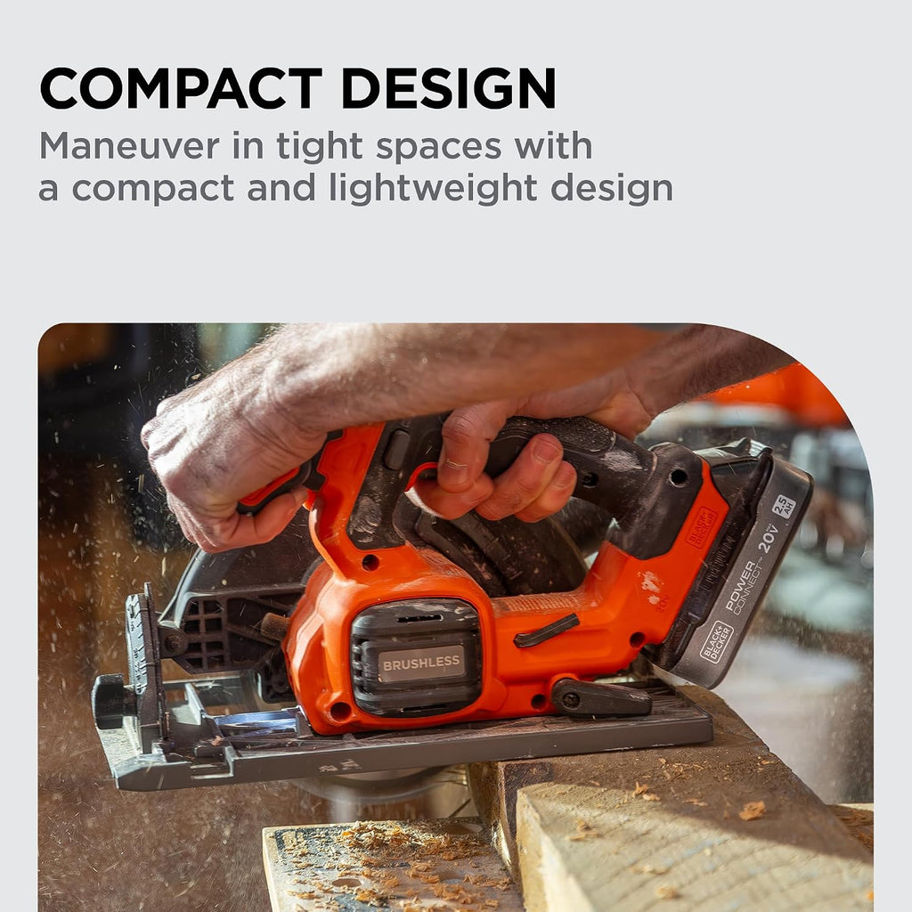 BLACK+DECKER Circular Saw 20V MAX, 6-1/2 in. Brushless Circular Saw Cordless Kit with 2.5Ah Battery and Charger, 24T Blade for Wood, Up to 165 Cuts Per Charge, LED Light, PowerConnect (BLCS78E1)