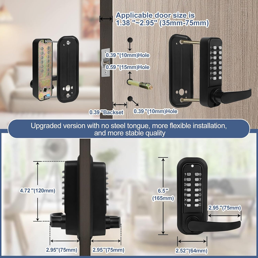 New Upgrade Double Sided Keyless Door Lock with Handle,Stainless Steel Waterproof Double Sided Keyless Door Lock (Black,with Large Cushion)