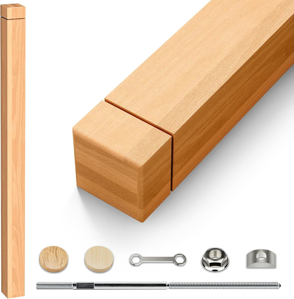 Stair Newel Post Kit 3"x3"x48" with Hardware & 2 Wood Plugs for a Hidden | Solid Red Oak Grooved Square Design, Indoor Installation Newel Wood Balusters for Staircase Railing Stair Handrails 1PC