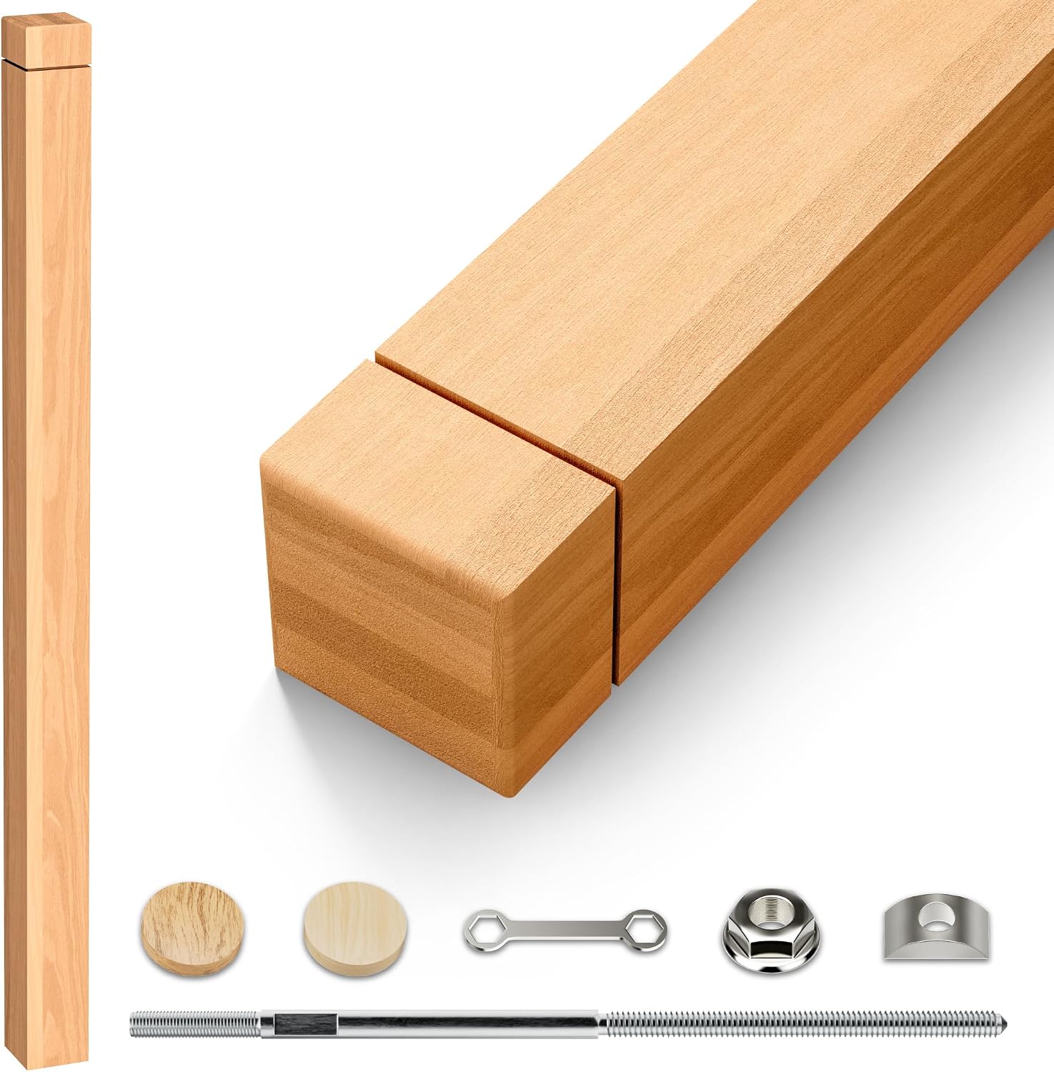 Stair Newel Post Kit 3"x3"x48" with Hardware & 2 Wood Plugs for a Hidden | Solid Red Oak Grooved Square Design, Indoor Installation Newel Wood Balusters for Staircase Railing Stair Handrails 1PC