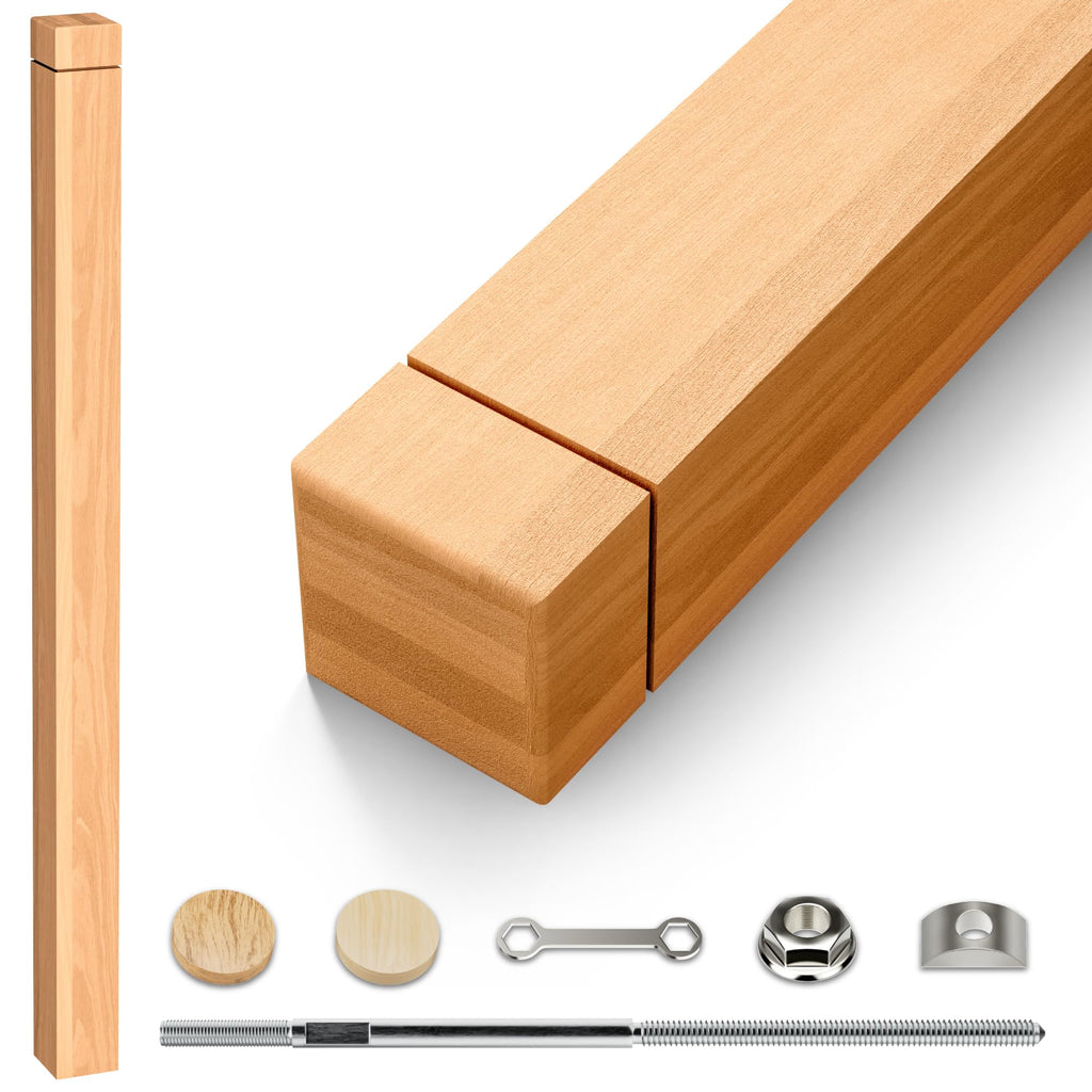 Stair Newel Post Kit 3"x3"x48" with Hardware & 2 Wood Plugs for a Hidden | Solid Red Oak Grooved Square Design, Indoor Installation Newel Wood Balusters for Staircase Railing Stair Handrails 1PC