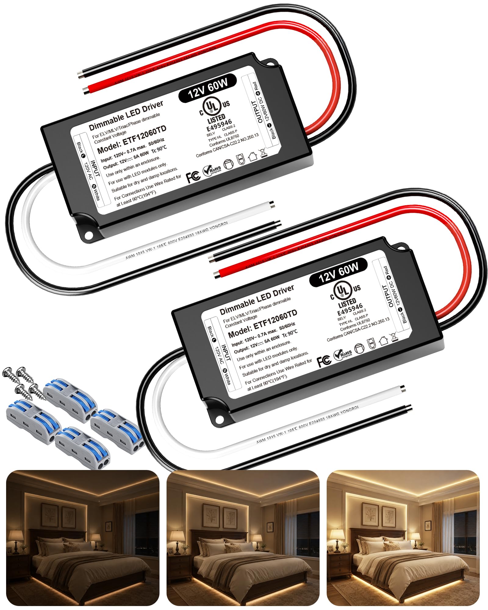 12V Dimmable LED Driver 60W UL&FCC Listed Class 2, Triac ELV/MLV AC 120V to DC 12V LED Transformer Compatible with Lutron & Leviton Switches 60 Watt Power Supply 12 Volt for LED Strip Light