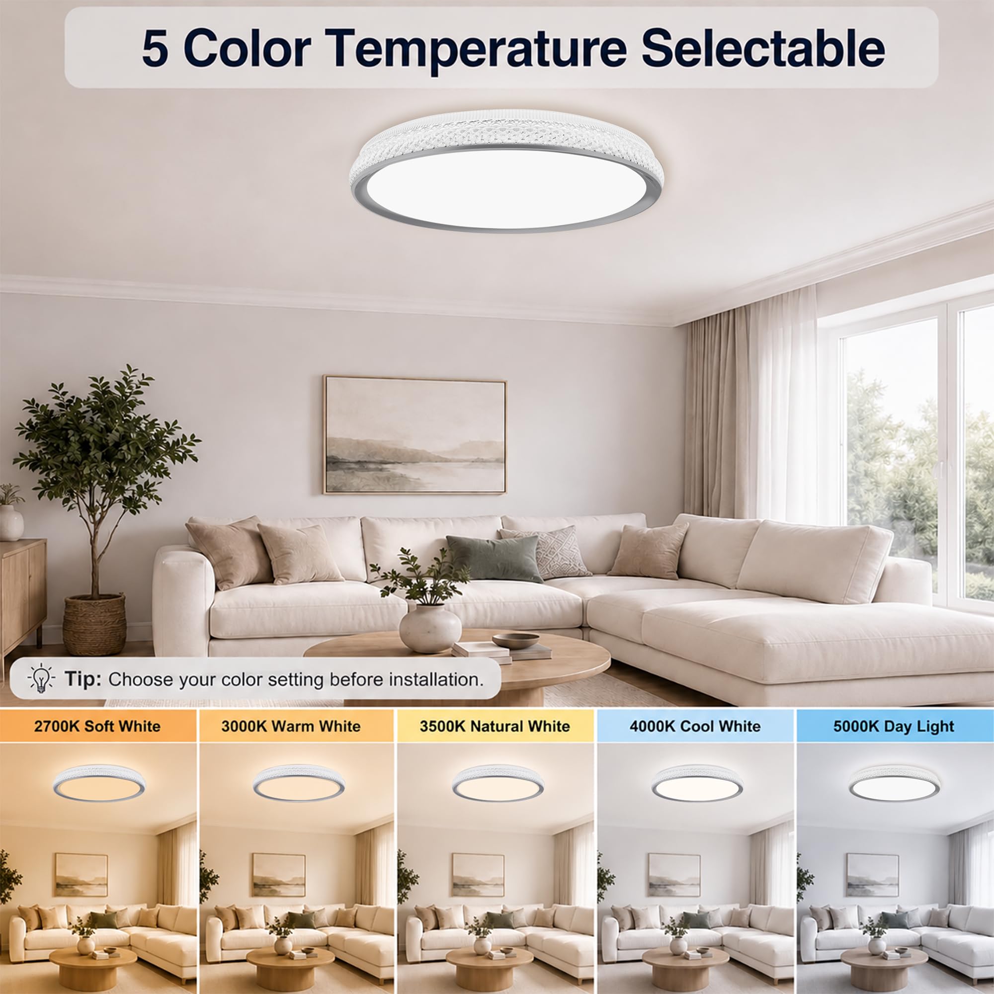 LED Flush Mount Ceiling Light, 38W 3800LM Dimmable, 15 in Low Profile, Gold | 2700K-5000K 5 Color Selectable, CRI 90+, Modern Round Close to Ceiling Light Fixtures for Kitchen Bedroom Bathroom Hallway