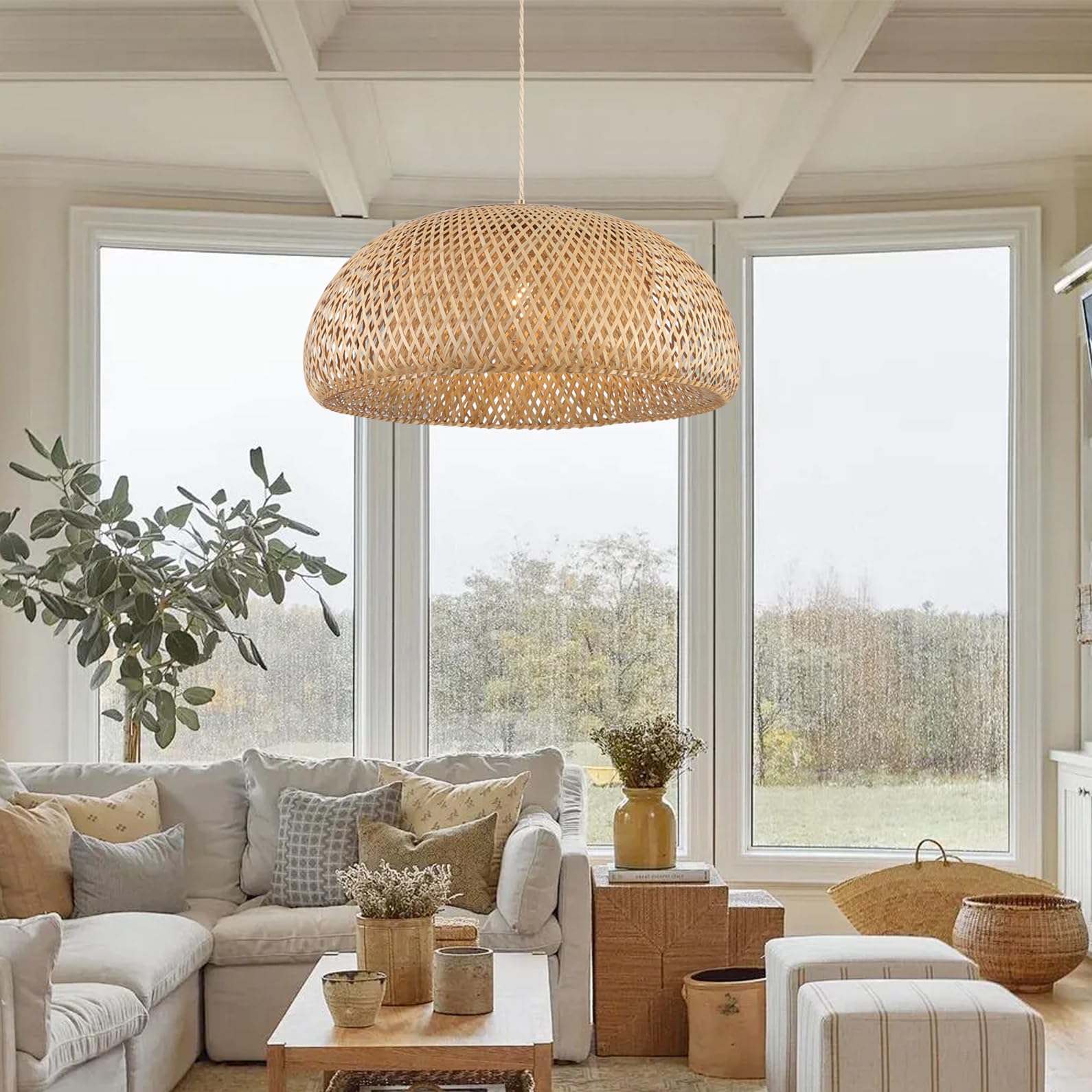 Bamboo Pendant Light Fixture One-Light Adjustable Boho Basket Handmade Woven Small Pendant Lighting for Kitchen Island Sink Bar Hallway Farmhouse